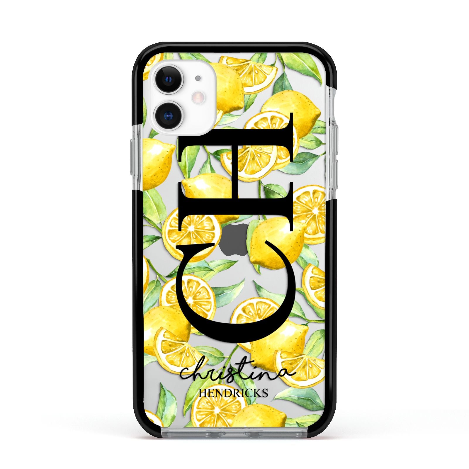 Monogrammed Lemon Fruit Apple iPhone 11 in White with Black Impact Case