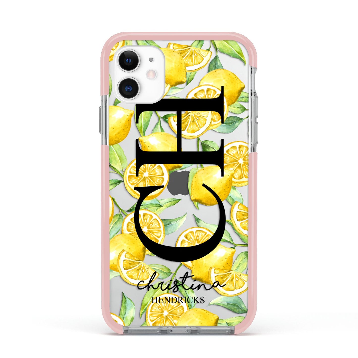 Monogrammed Lemon Fruit Apple iPhone 11 in White with Pink Impact Case