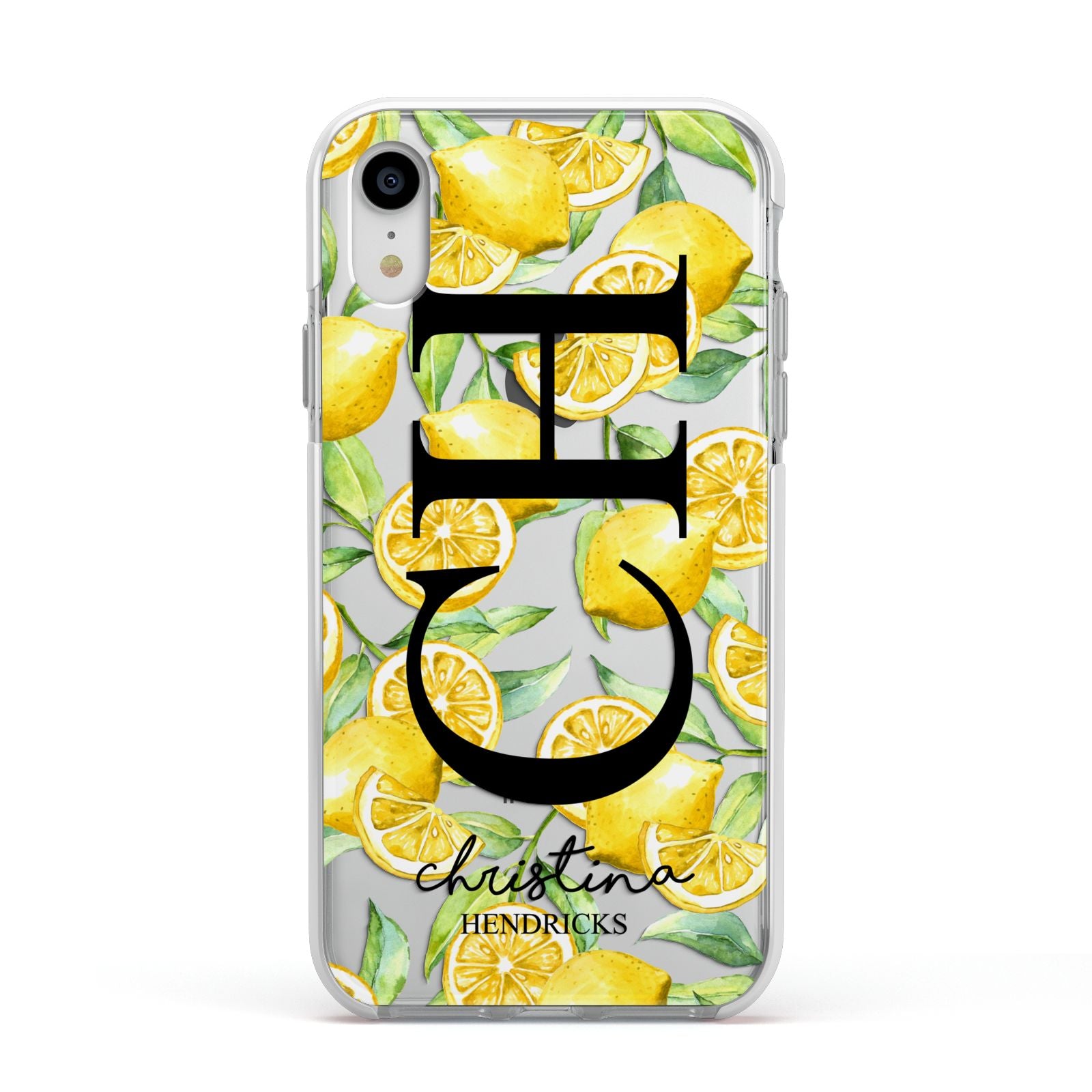 Monogrammed Lemon Fruit Apple iPhone XR Impact Case White Edge on Silver Phone