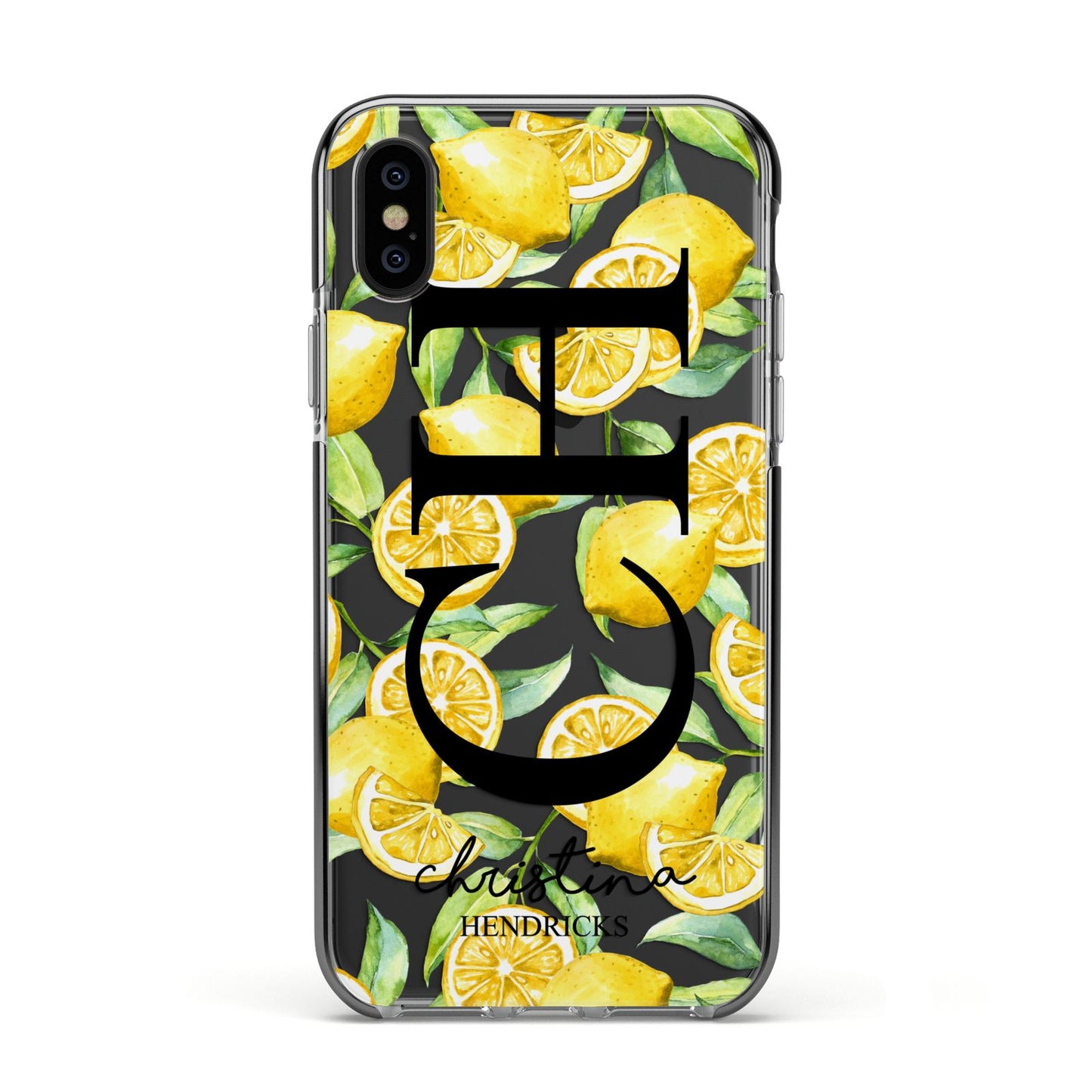 Monogrammed Lemon Fruit Apple iPhone Xs Impact Case Black Edge on Black Phone