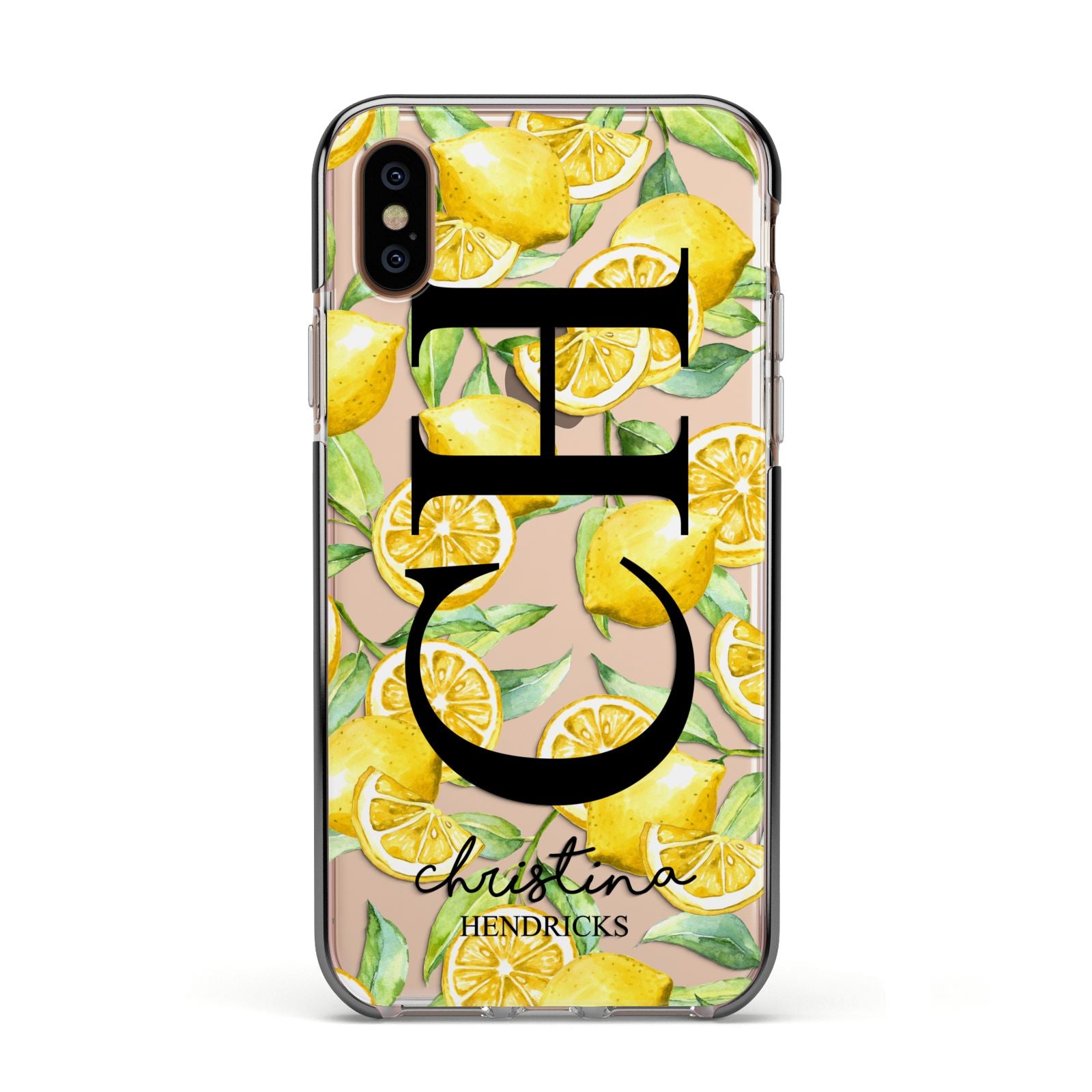 Monogrammed Lemon Fruit Apple iPhone Xs Impact Case Black Edge on Gold Phone