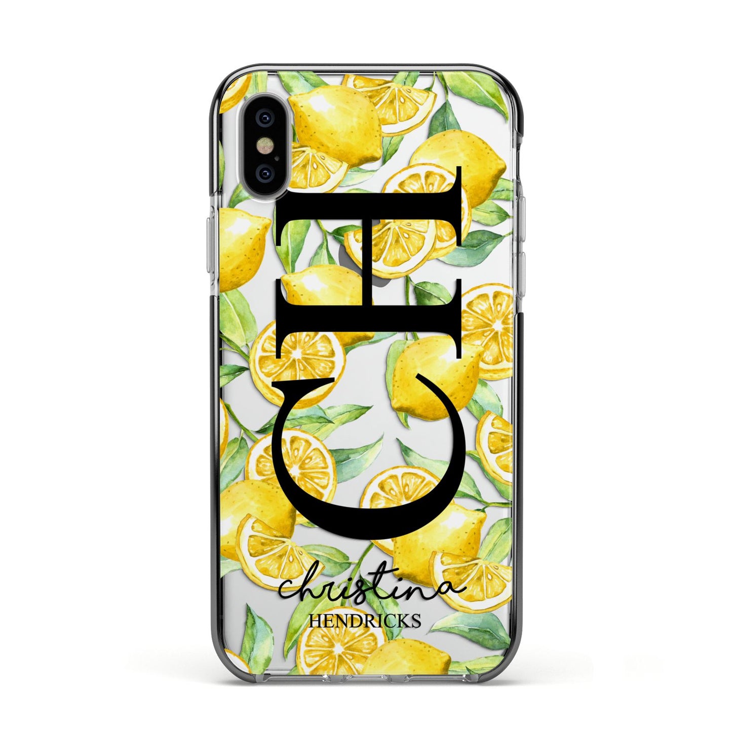 Monogrammed Lemon Fruit Apple iPhone Xs Impact Case Black Edge on Silver Phone