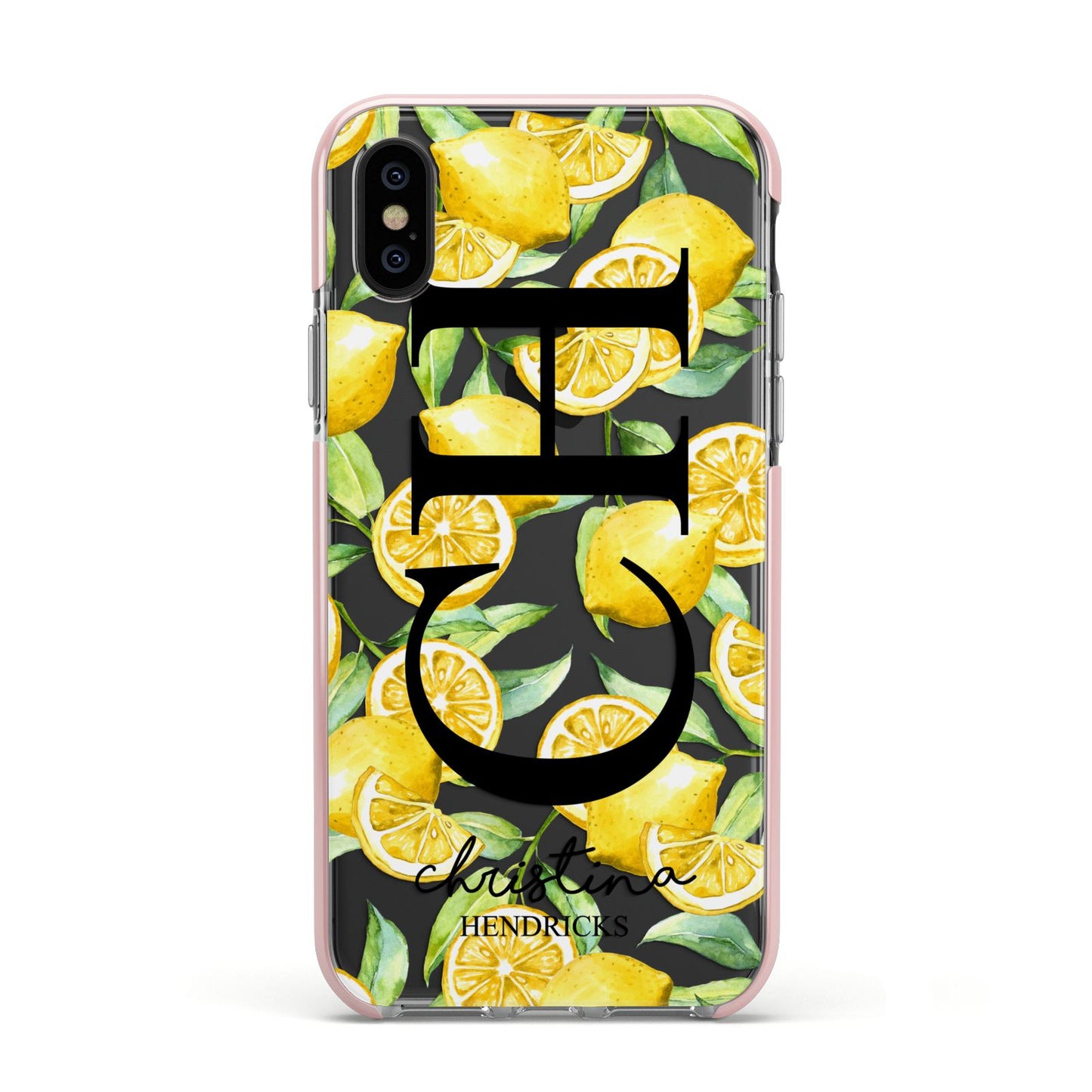 Monogrammed Lemon Fruit Apple iPhone Xs Impact Case Pink Edge on Black Phone