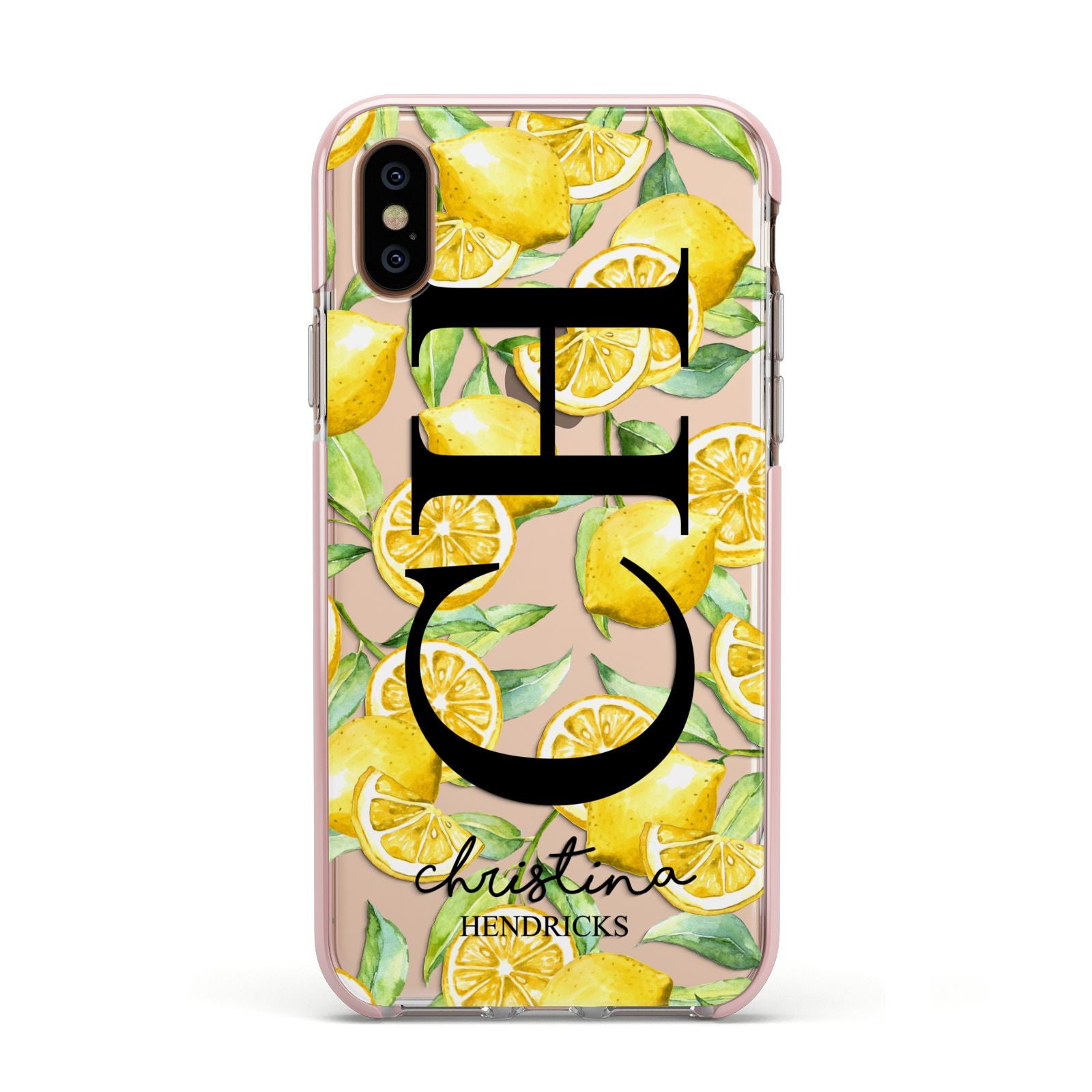 Monogrammed Lemon Fruit Apple iPhone Xs Impact Case Pink Edge on Gold Phone