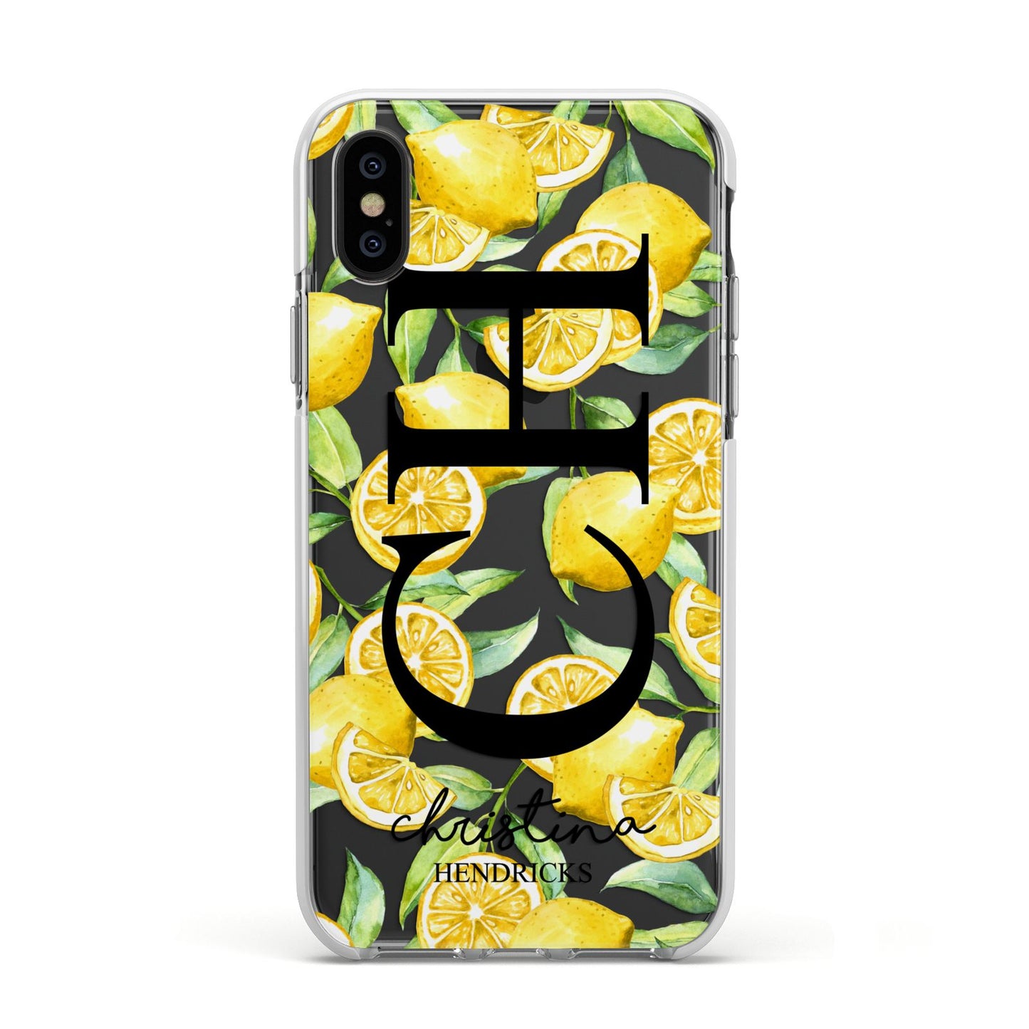 Monogrammed Lemon Fruit Apple iPhone Xs Impact Case White Edge on Black Phone