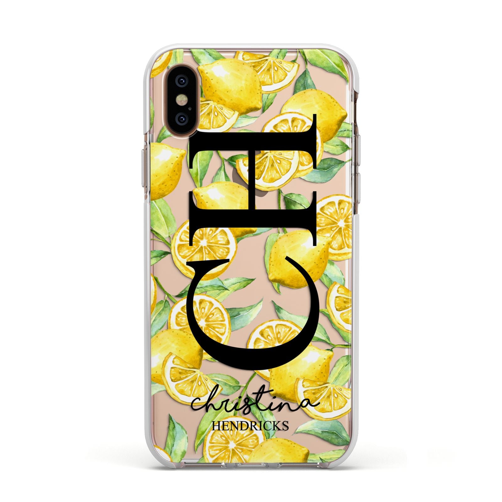 Monogrammed Lemon Fruit Apple iPhone Xs Impact Case White Edge on Gold Phone