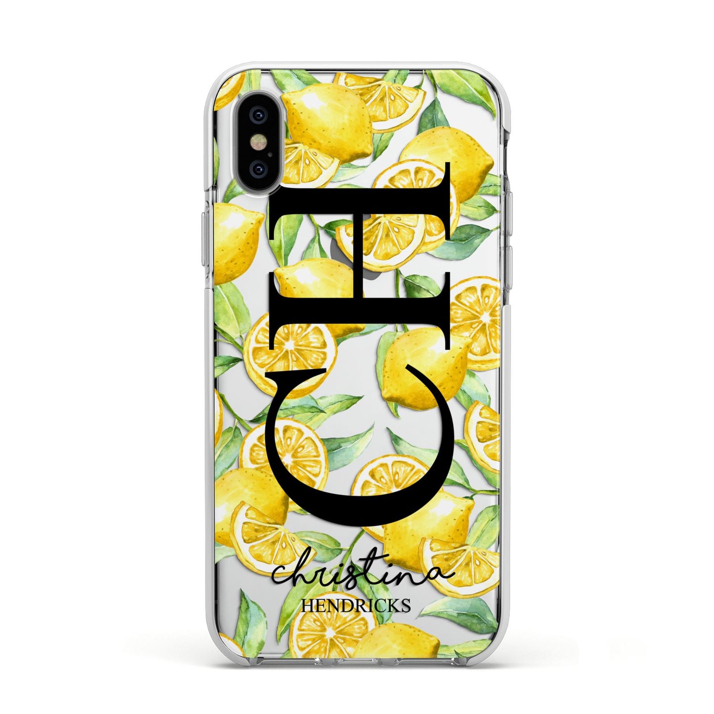 Monogrammed Lemon Fruit Apple iPhone Xs Impact Case White Edge on Silver Phone