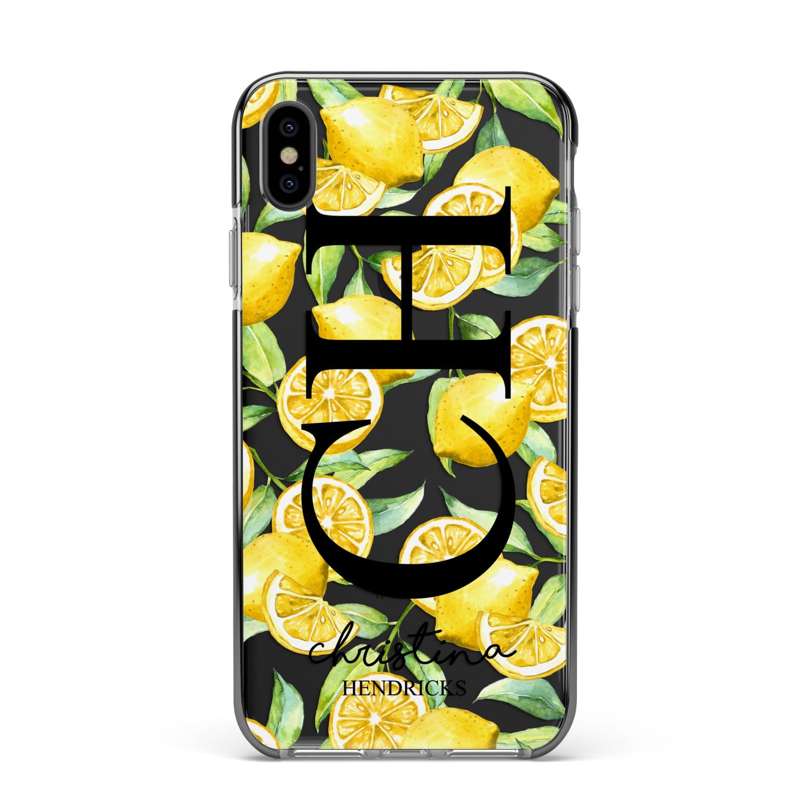 Monogrammed Lemon Fruit Apple iPhone Xs Max Impact Case Black Edge on Black Phone