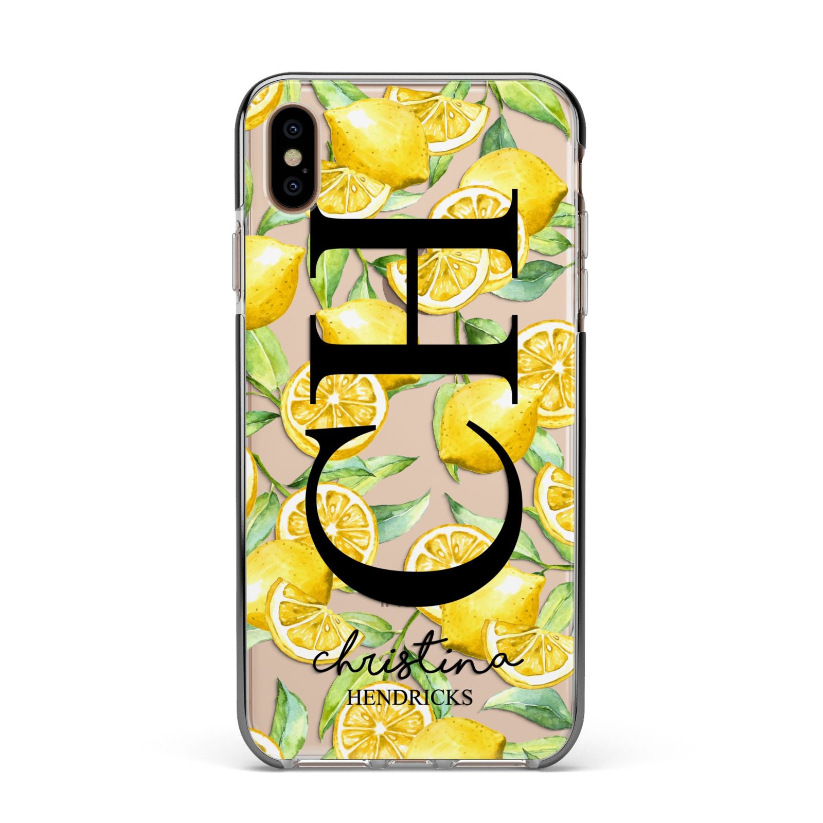 Monogrammed Lemon Fruit Apple iPhone Xs Max Impact Case Black Edge on Gold Phone