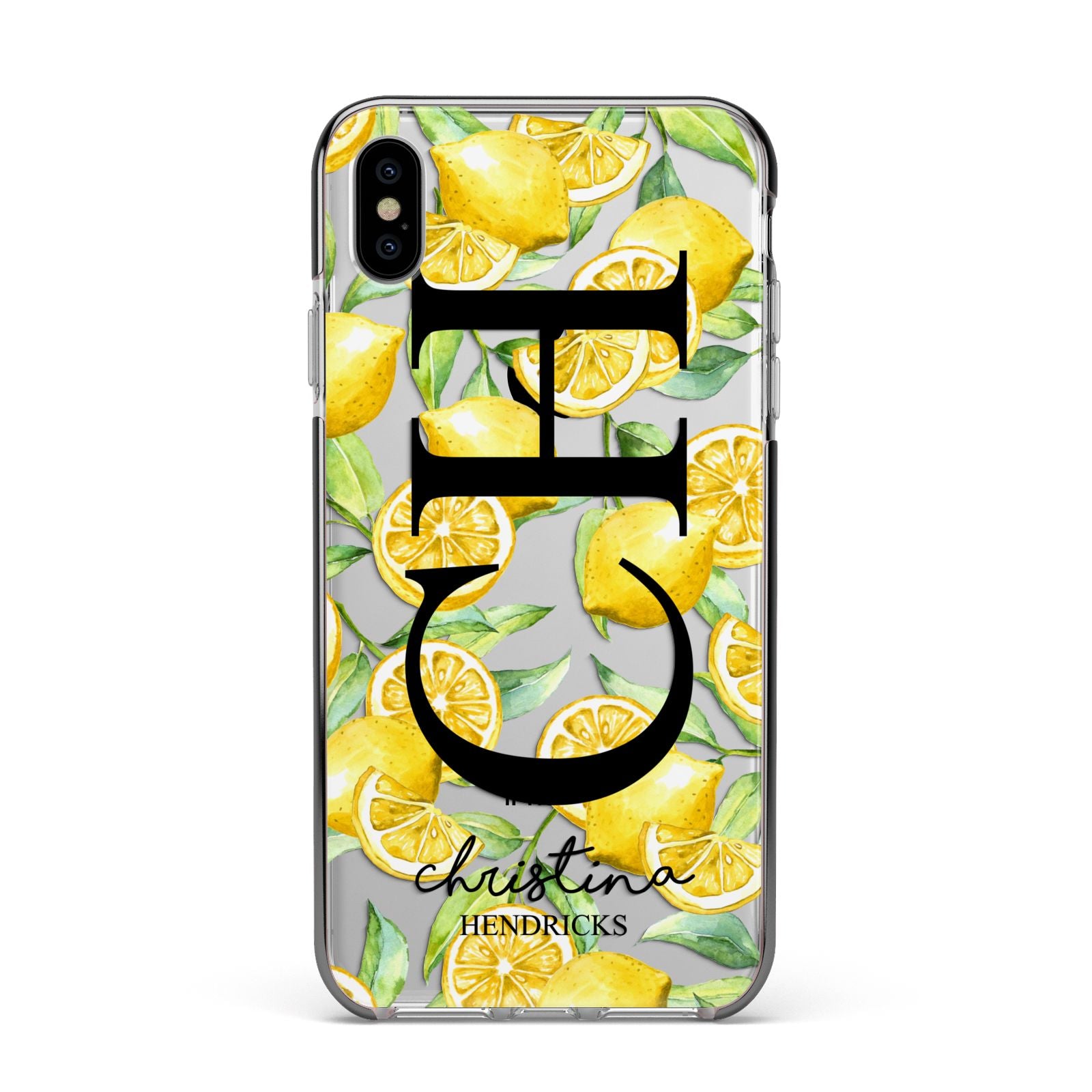 Monogrammed Lemon Fruit Apple iPhone Xs Max Impact Case Black Edge on Silver Phone