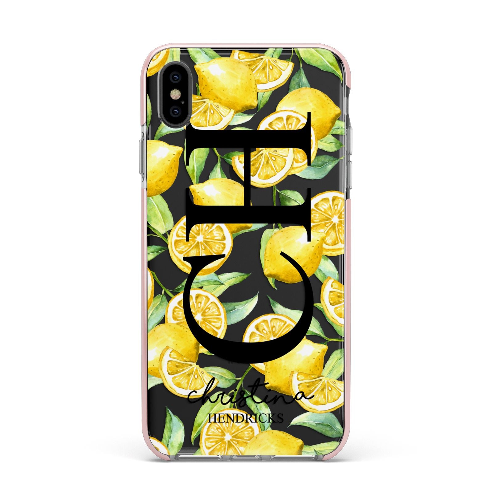 Monogrammed Lemon Fruit Apple iPhone Xs Max Impact Case Pink Edge on Black Phone