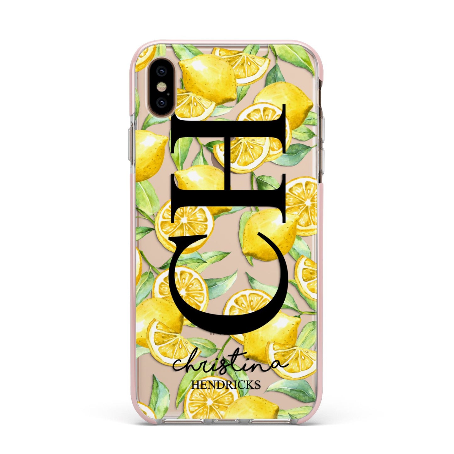 Monogrammed Lemon Fruit Apple iPhone Xs Max Impact Case Pink Edge on Gold Phone