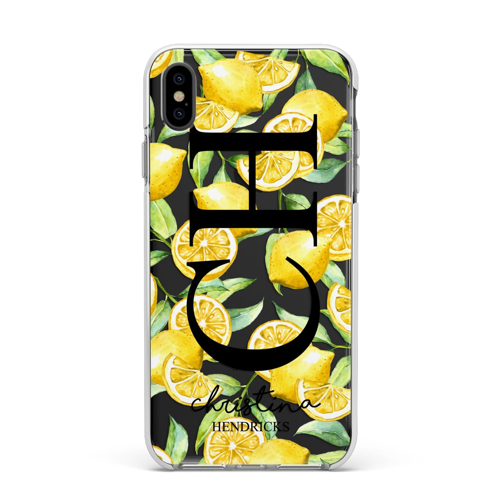 Monogrammed Lemon Fruit Apple iPhone Xs Max Impact Case White Edge on Black Phone