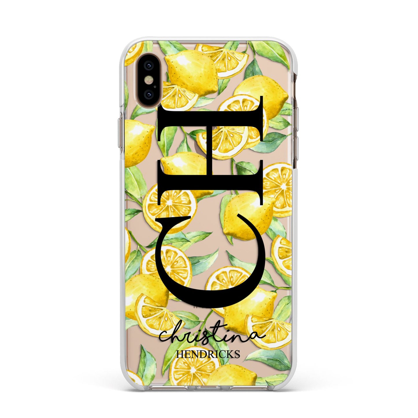 Monogrammed Lemon Fruit Apple iPhone Xs Max Impact Case White Edge on Gold Phone