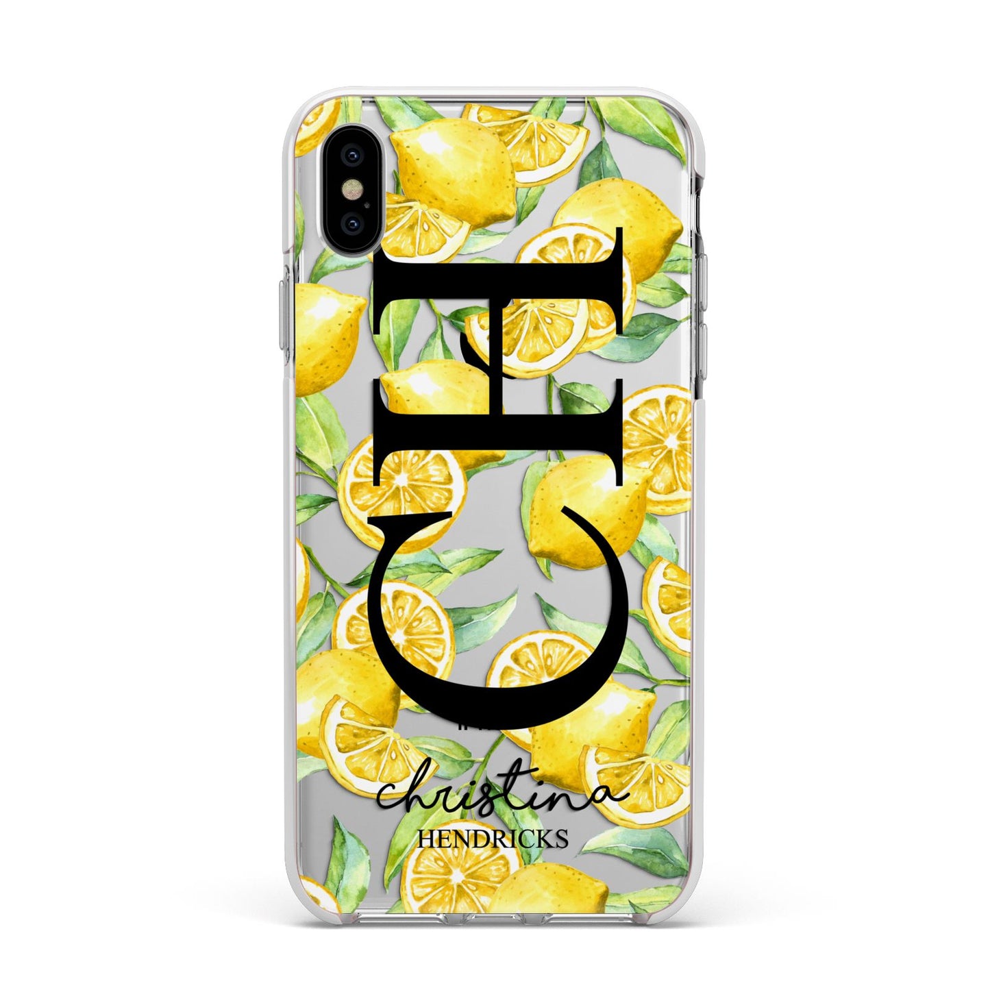 Monogrammed Lemon Fruit Apple iPhone Xs Max Impact Case White Edge on Silver Phone