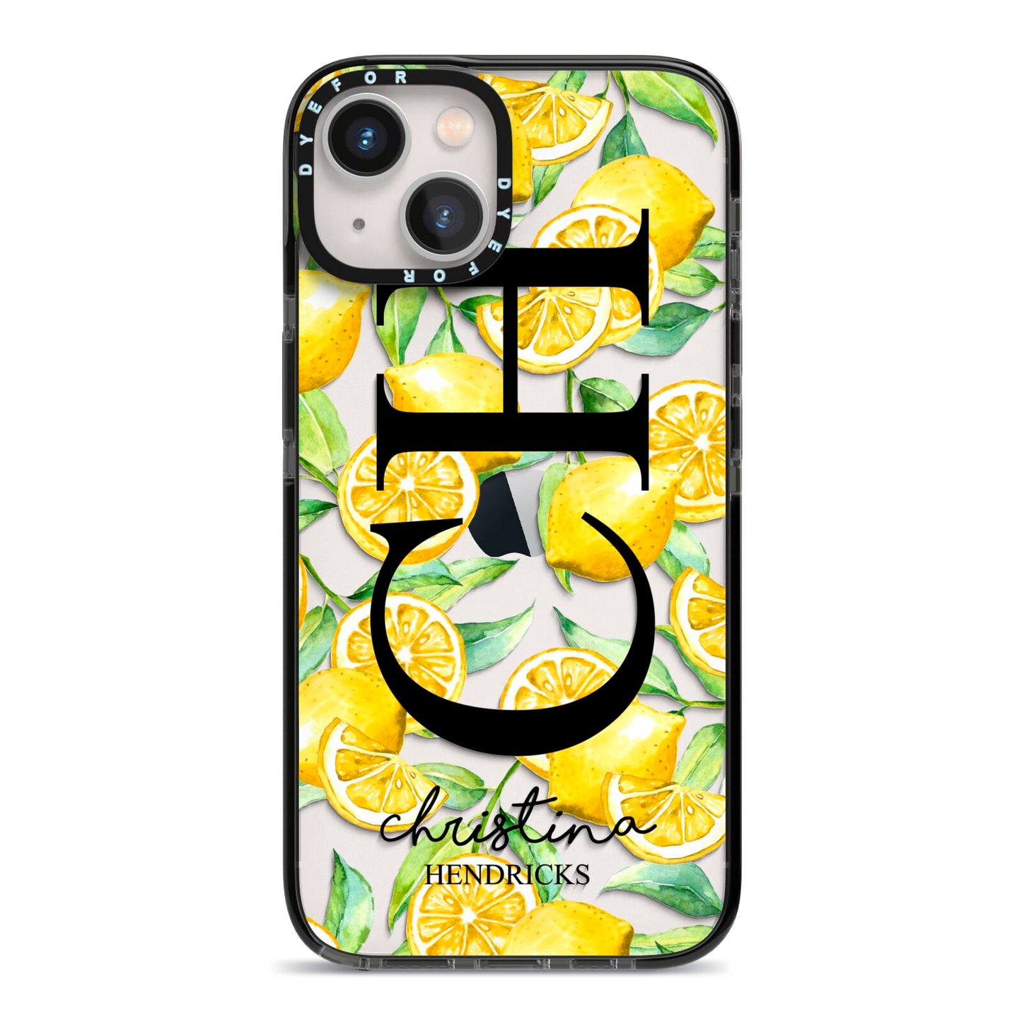 Monogrammed Lemon Fruit iPhone 13 Black Impact Case on Silver phone