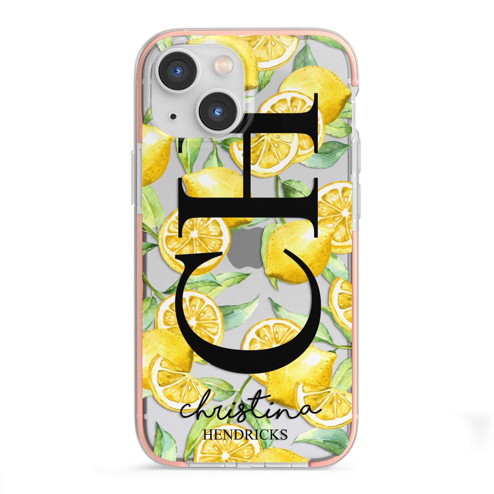 Monogrammed Lemon Fruit iPhone 13 Mini TPU Impact Case with Pink Edges