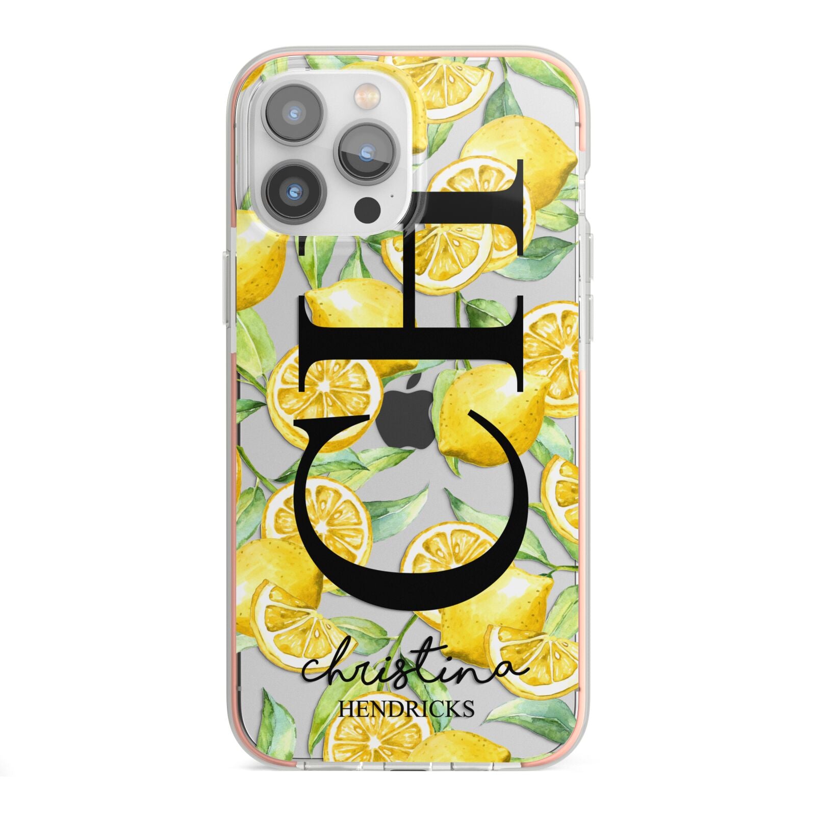 Monogrammed Lemon Fruit iPhone 13 Pro Max TPU Impact Case with Pink Edges