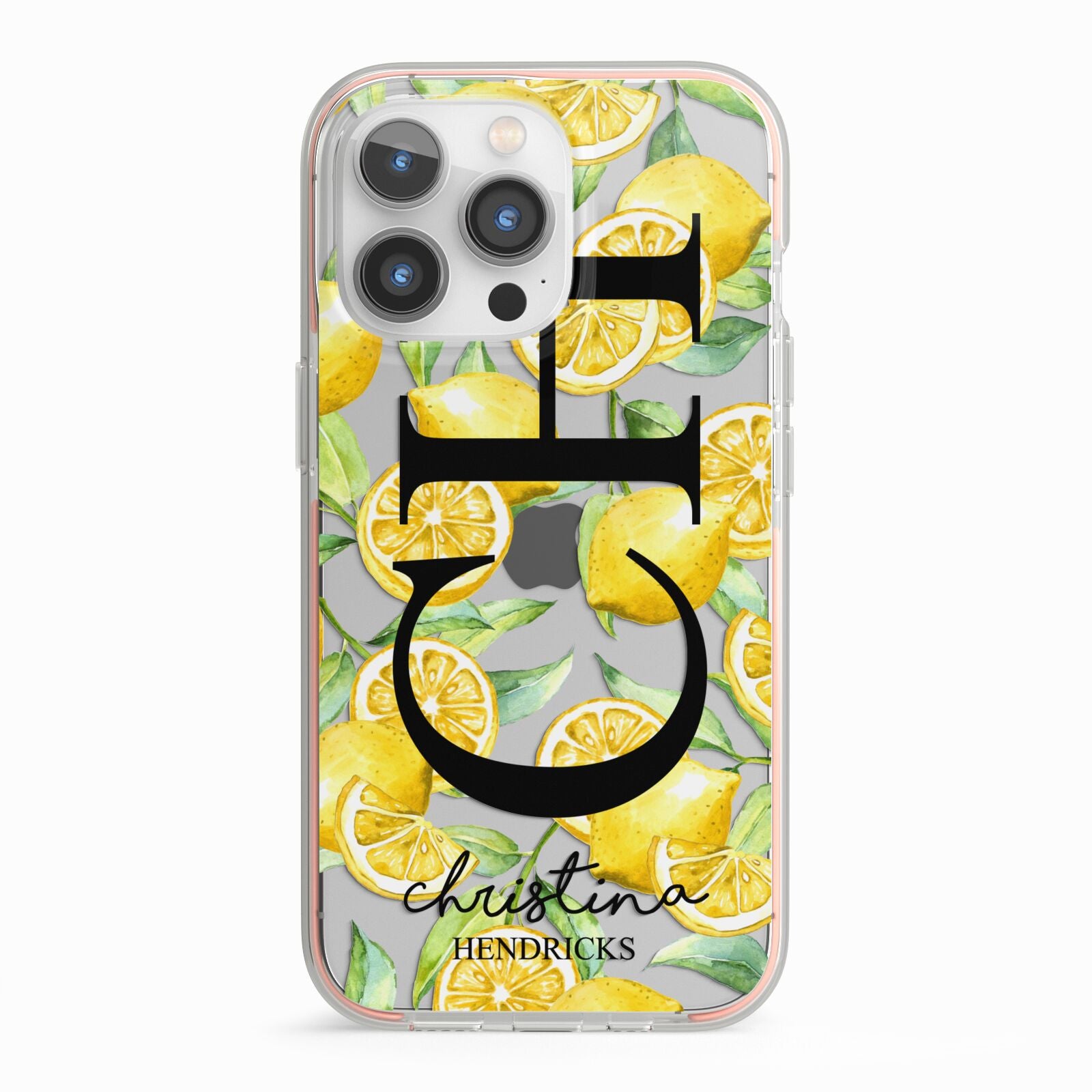 Monogrammed Lemon Fruit iPhone 13 Pro TPU Impact Case with Pink Edges