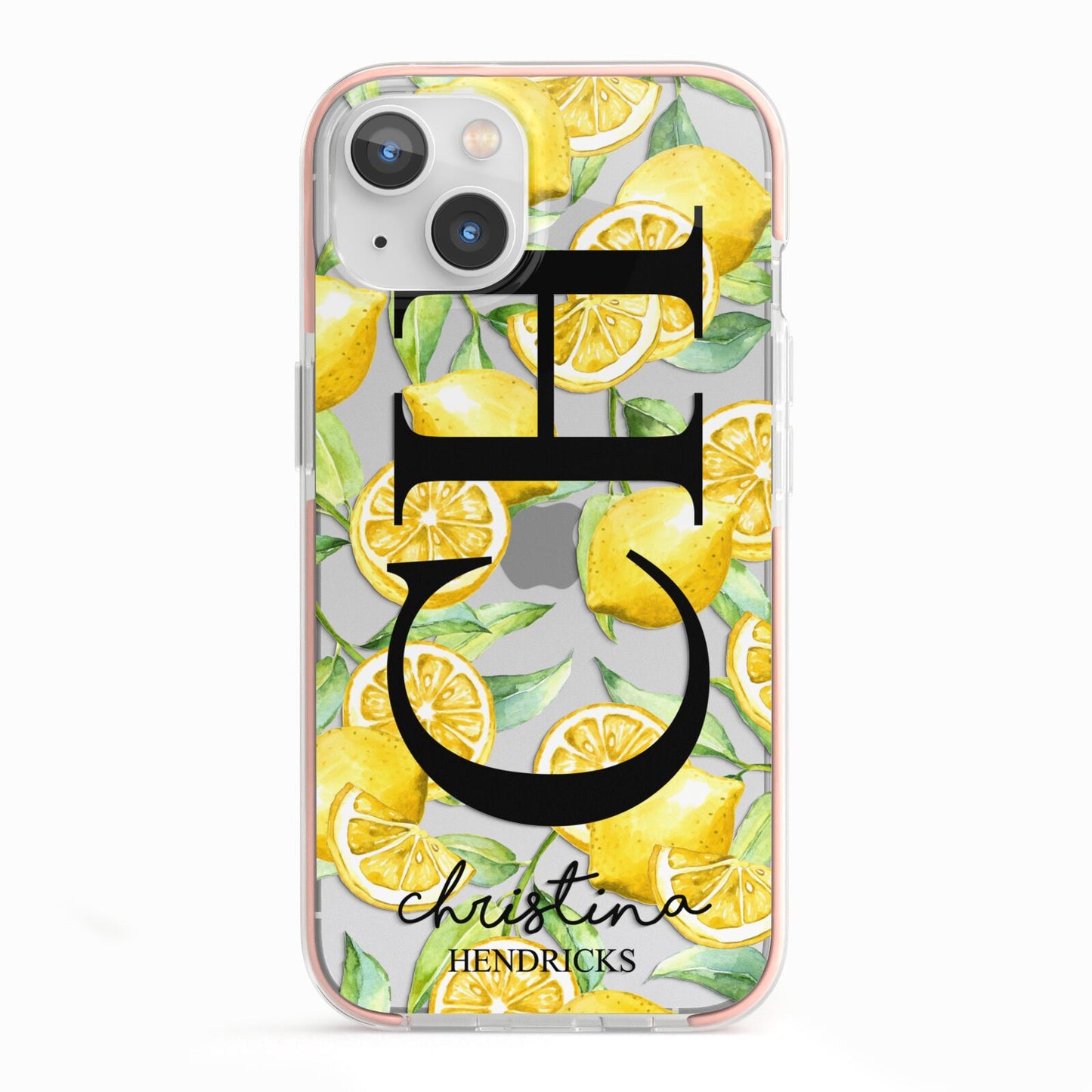 Monogrammed Lemon Fruit iPhone 13 TPU Impact Case with Pink Edges