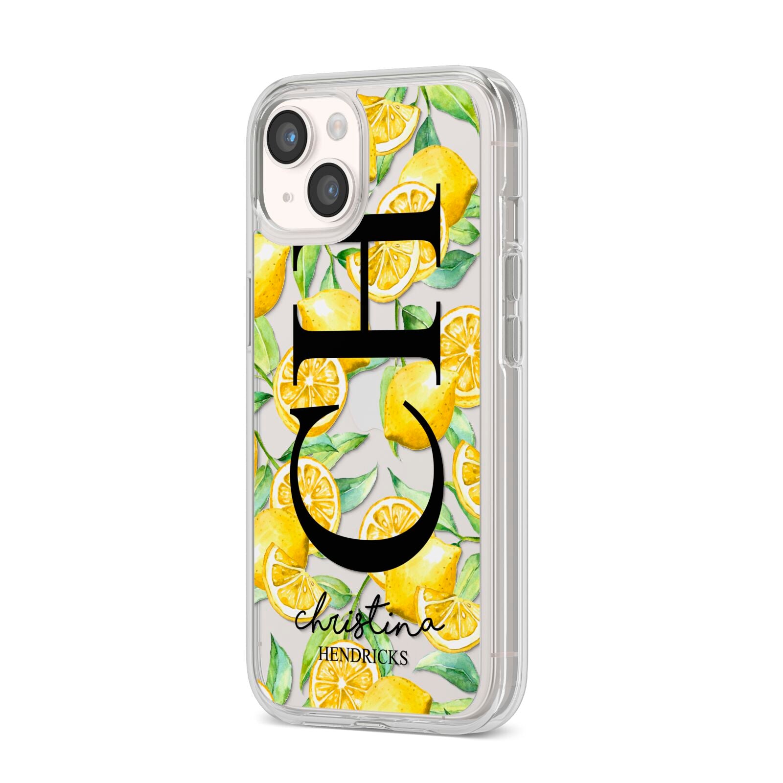 Monogrammed Lemon Fruit iPhone 14 Clear Tough Case Starlight Angled Image