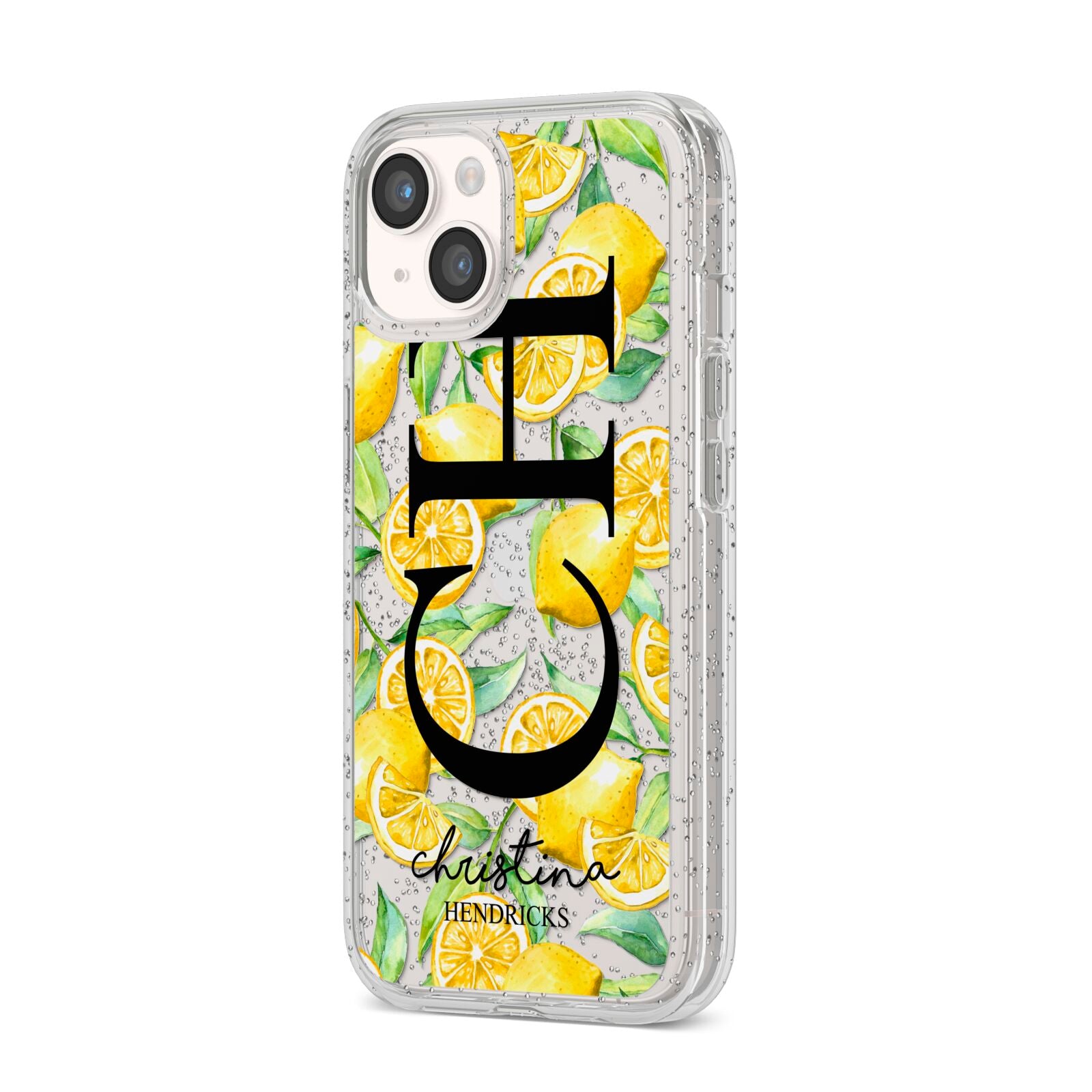 Monogrammed Lemon Fruit iPhone 14 Glitter Tough Case Starlight Angled Image