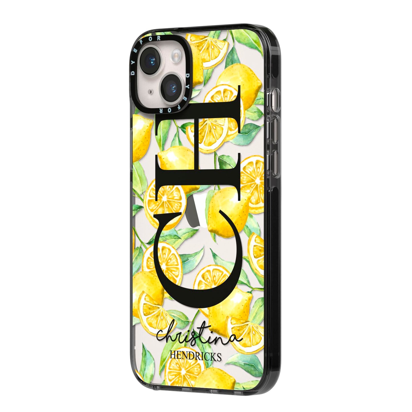 Monogrammed Lemon Fruit iPhone 14 Plus Black Impact Case Side Angle on Silver phone