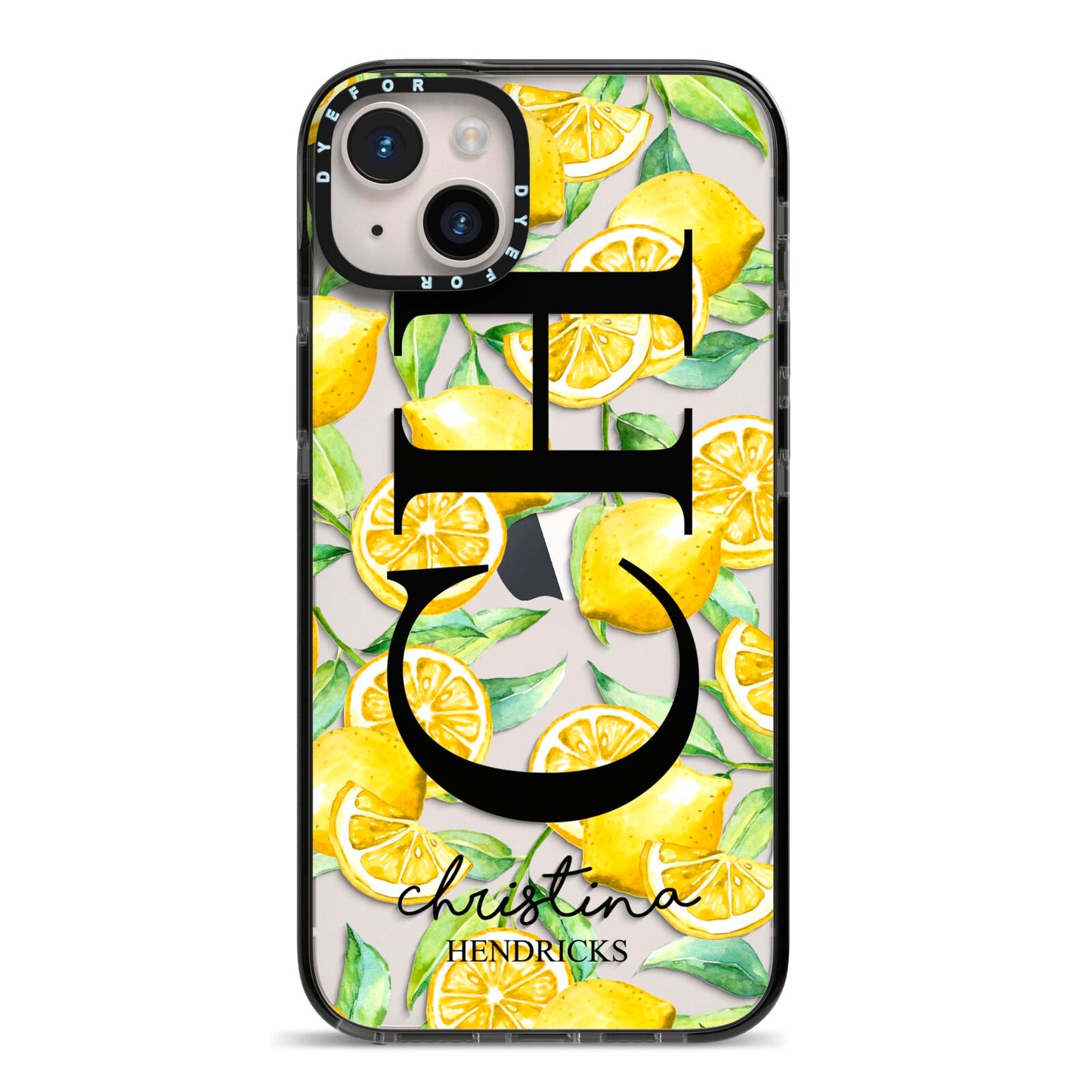 Monogrammed Lemon Fruit iPhone 14 Plus Black Impact Case on Silver phone