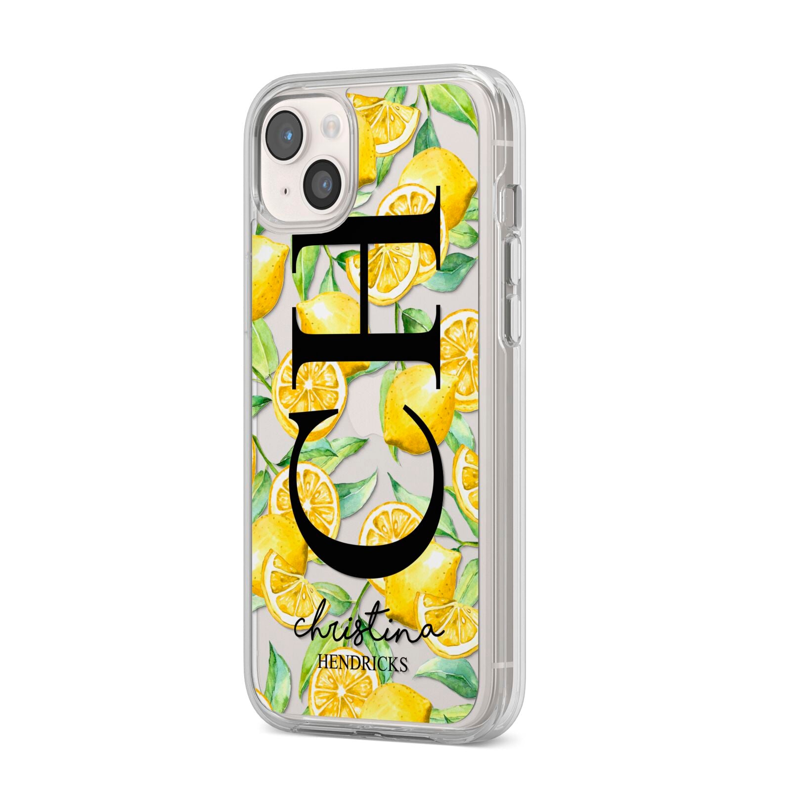 Monogrammed Lemon Fruit iPhone 14 Plus Clear Tough Case Starlight Angled Image