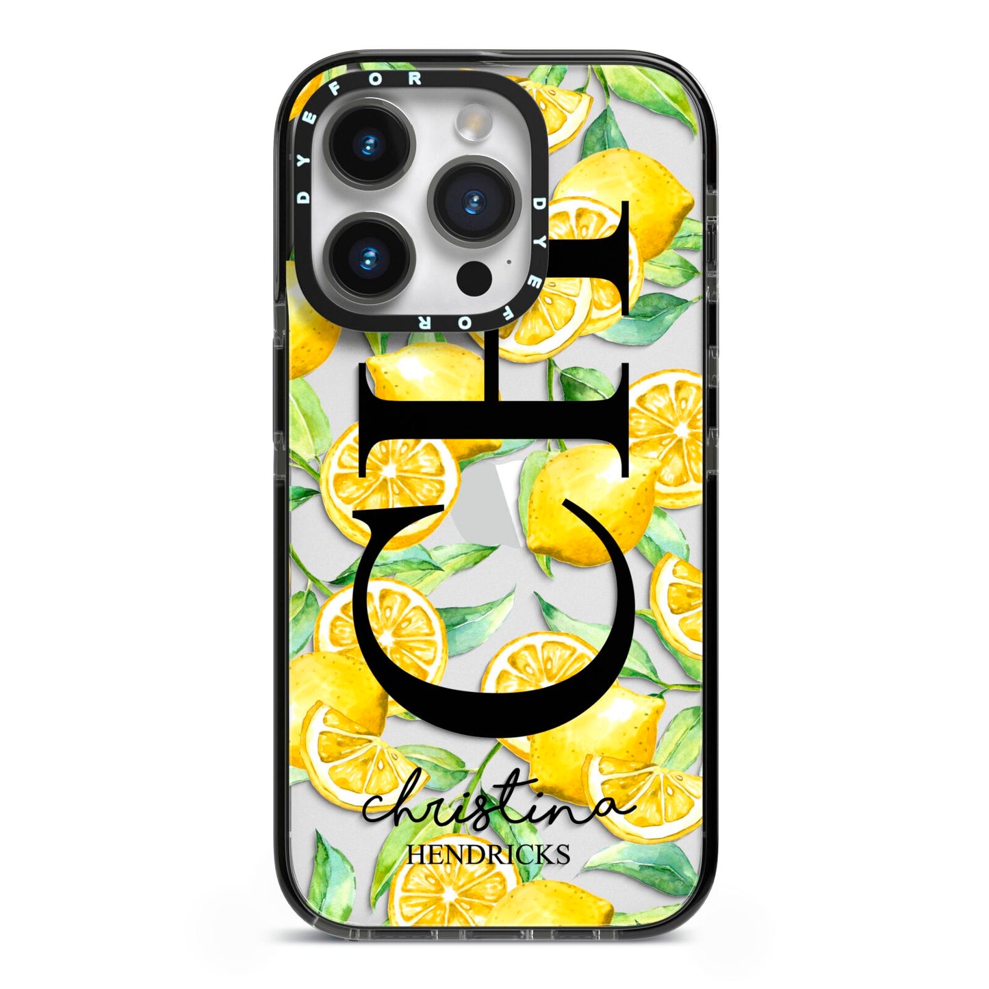 Monogrammed Lemon Fruit iPhone 14 Pro Black Impact Case on Silver phone