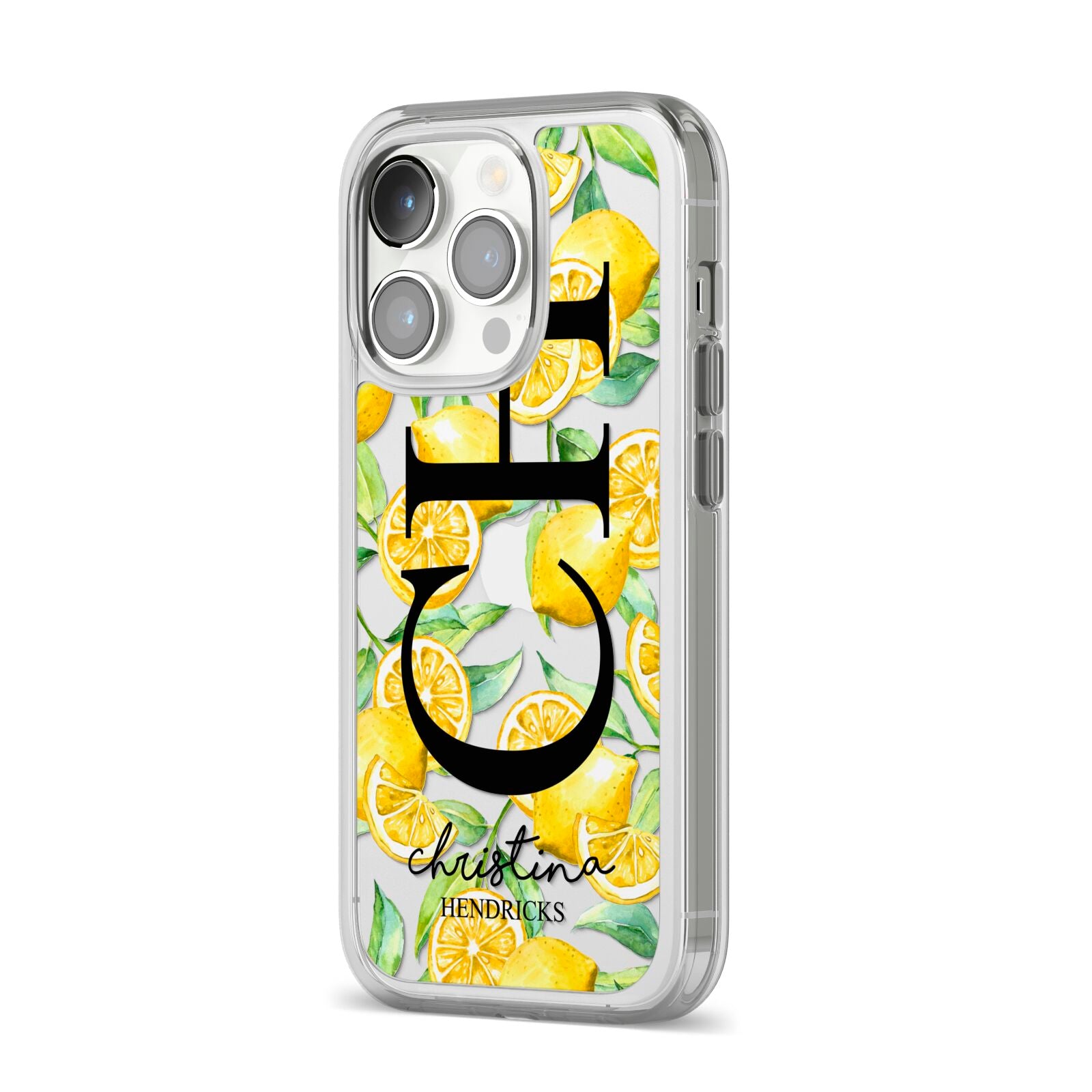 Monogrammed Lemon Fruit iPhone 14 Pro Clear Tough Case Silver Angled Image