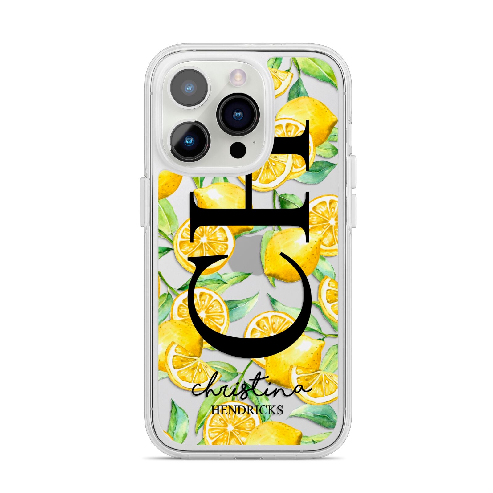 Monogrammed Lemon Fruit iPhone 14 Pro Clear Tough Case Silver