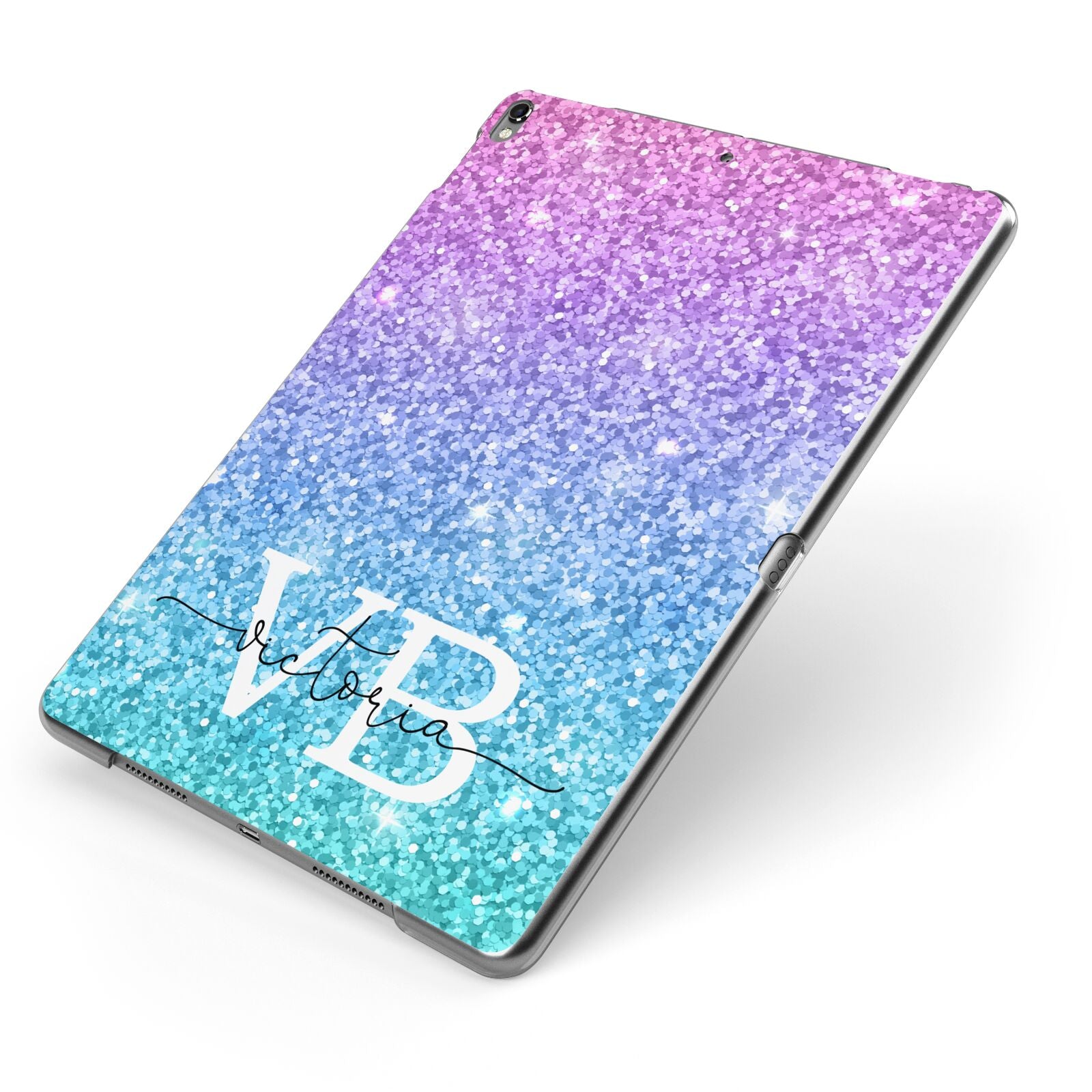 Monogrammed Multi Colour Glitter Name Apple iPad Case on Grey iPad Side View