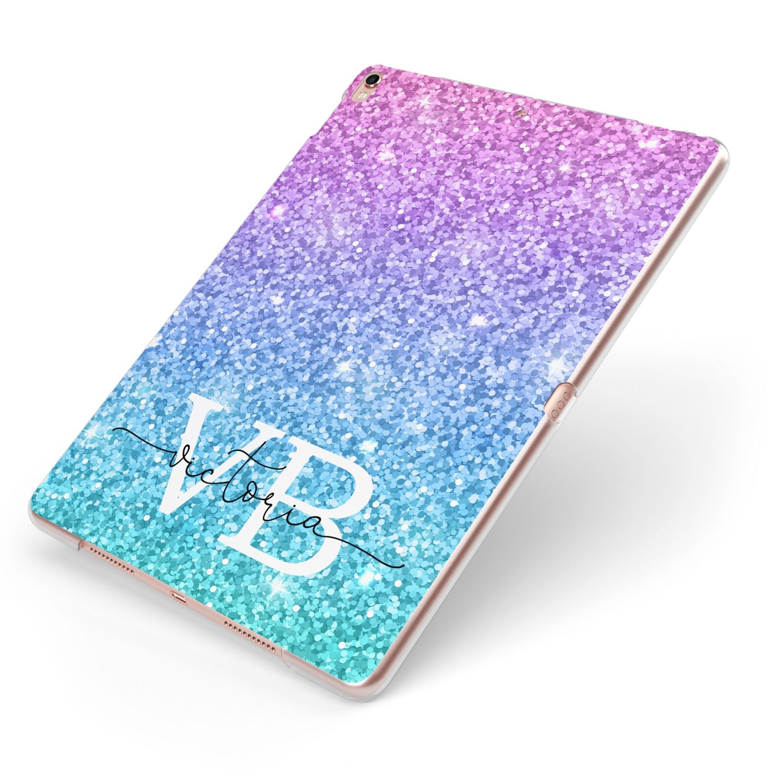 Monogrammed Multi Colour Glitter Name Apple iPad Case on Rose Gold iPad Side View