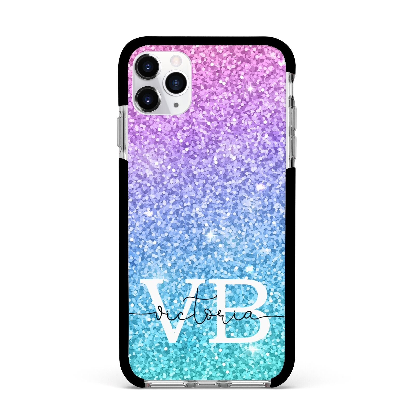 Monogrammed Multi Colour Glitter Name Apple iPhone 11 Pro Max in Silver with Black Impact Case