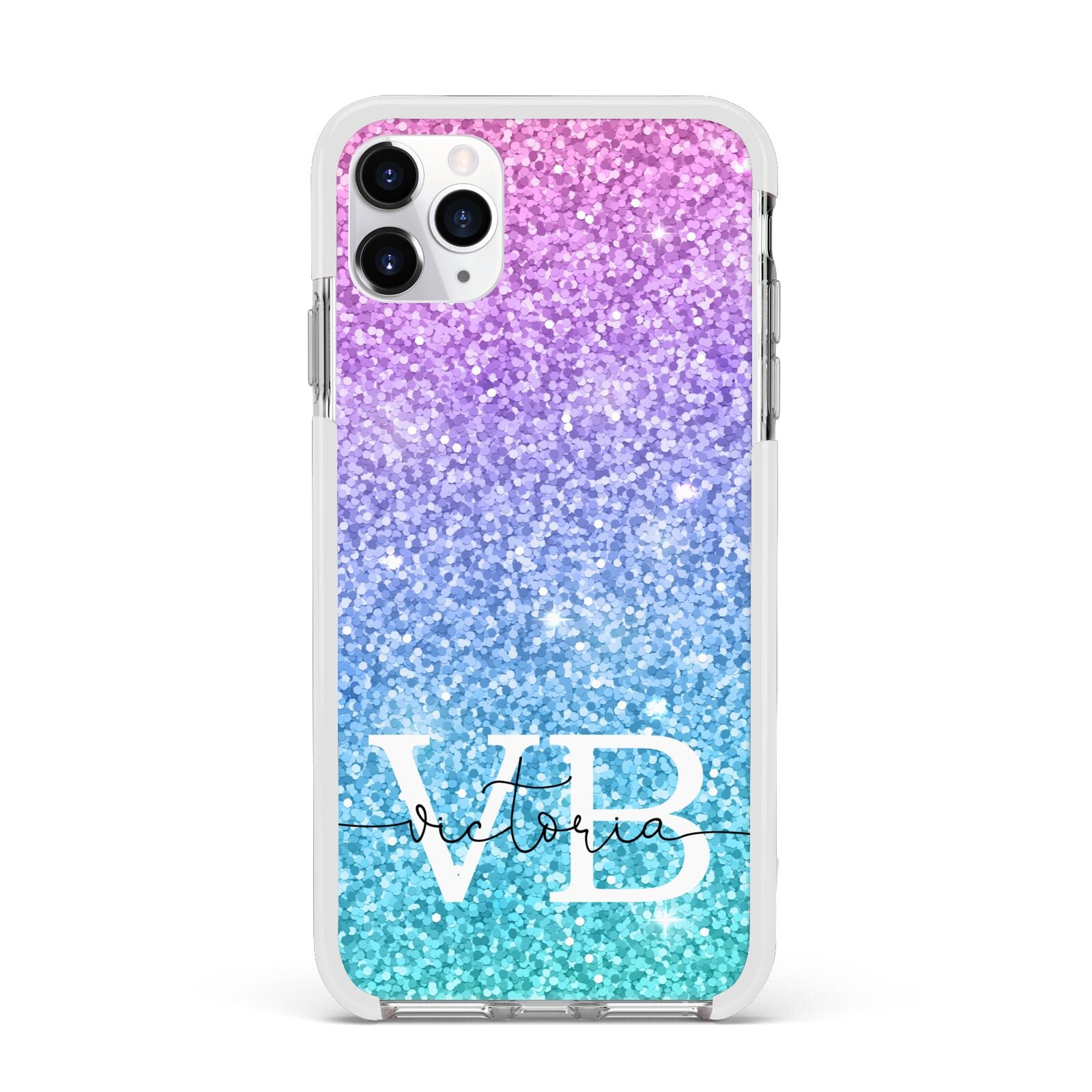 Monogrammed Multi Colour Glitter Name Apple iPhone 11 Pro Max in Silver with White Impact Case