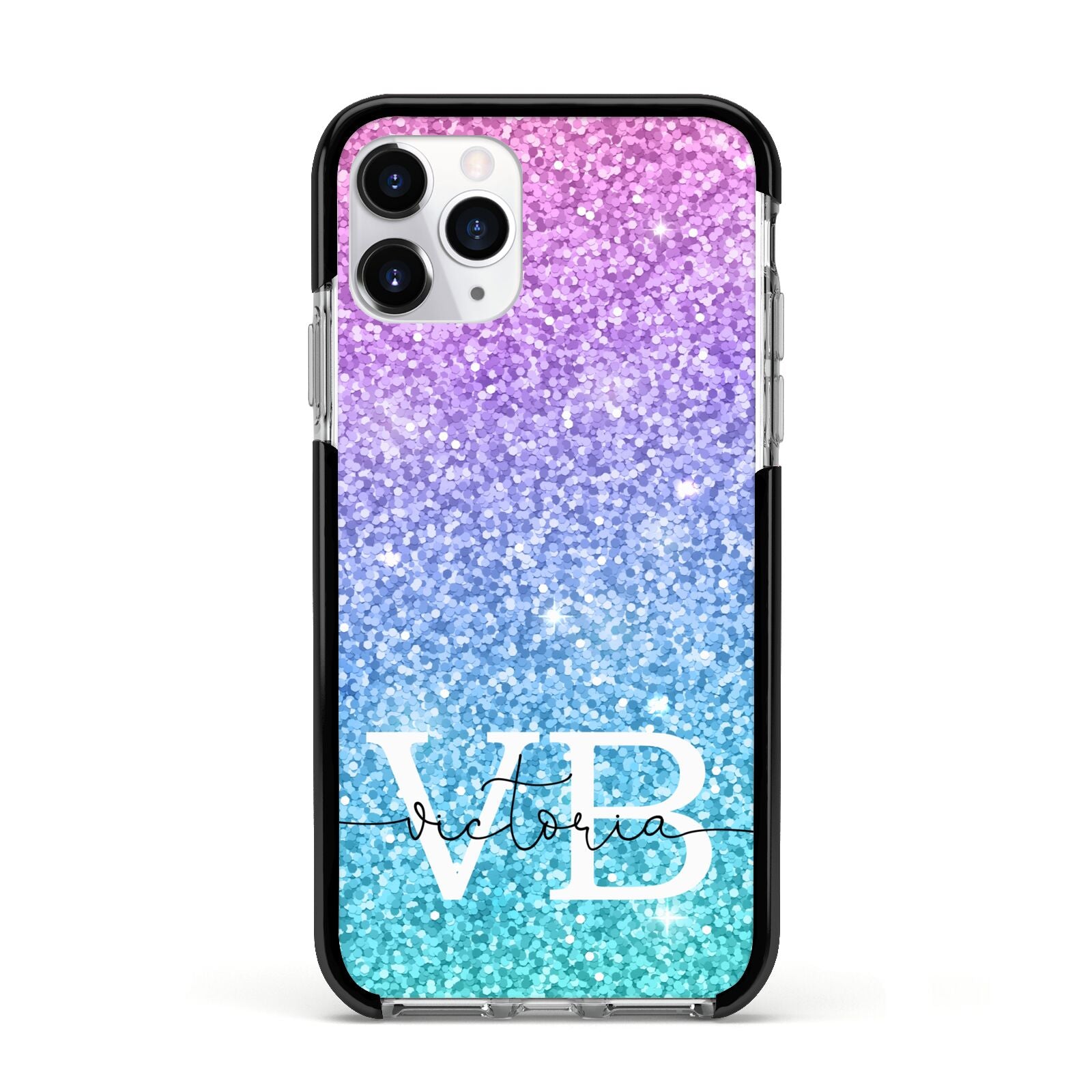 Monogrammed Multi Colour Glitter Name Apple iPhone 11 Pro in Silver with Black Impact Case