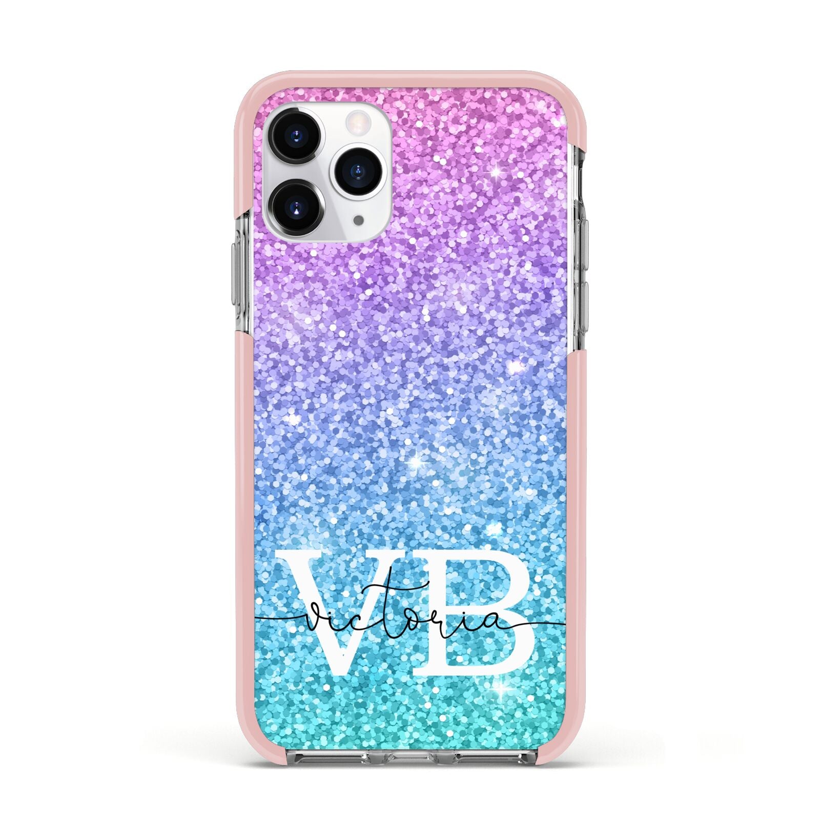 Monogrammed Multi Colour Glitter Name Apple iPhone 11 Pro in Silver with Pink Impact Case