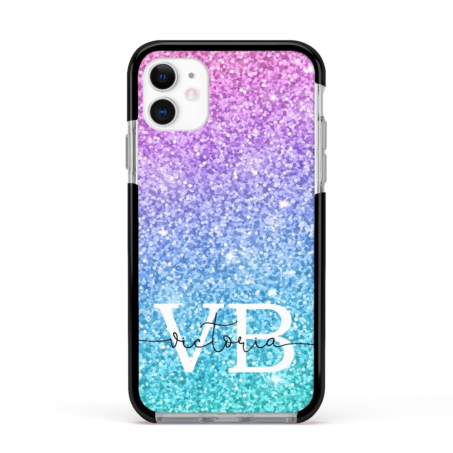 Monogrammed Multi Colour Glitter Name Apple iPhone 11 in White with Black Impact Case