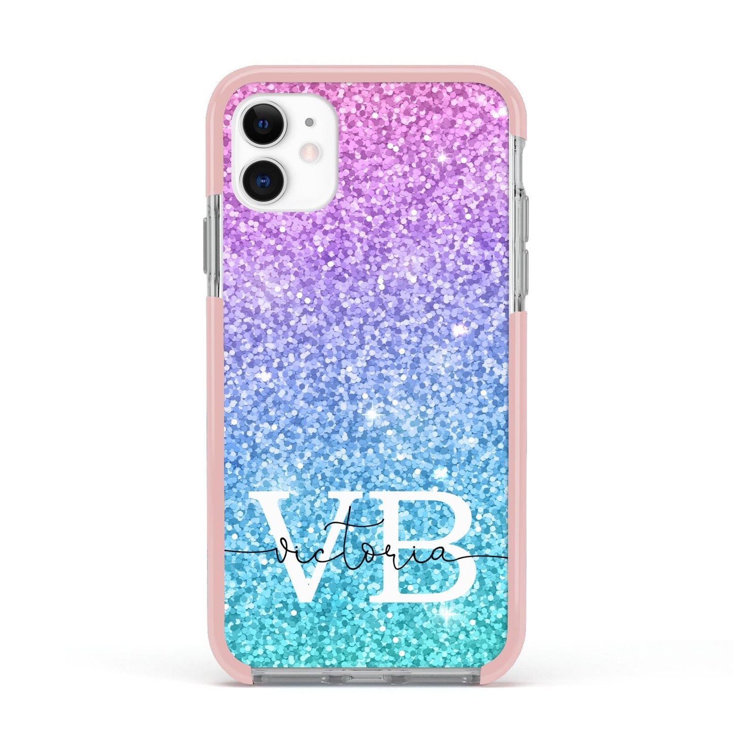 Monogrammed Multi Colour Glitter Name Apple iPhone 11 in White with Pink Impact Case