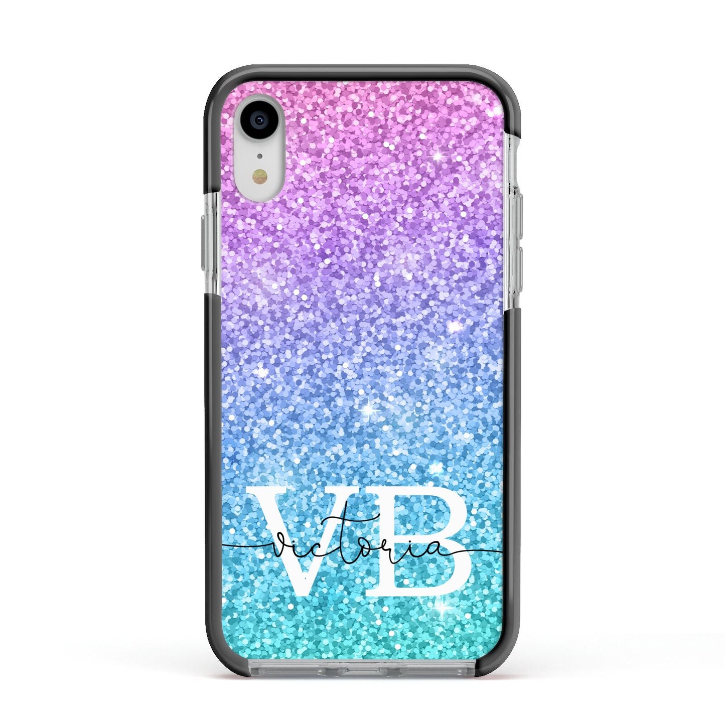 Monogrammed Multi Colour Glitter Name Apple iPhone XR Impact Case Black Edge on Silver Phone