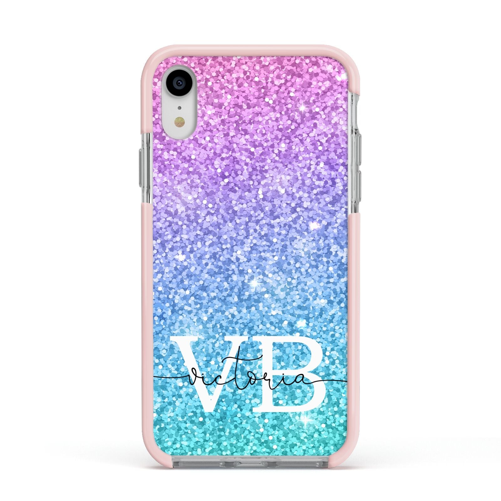 Monogrammed Multi Colour Glitter Name Apple iPhone XR Impact Case Pink Edge on Silver Phone