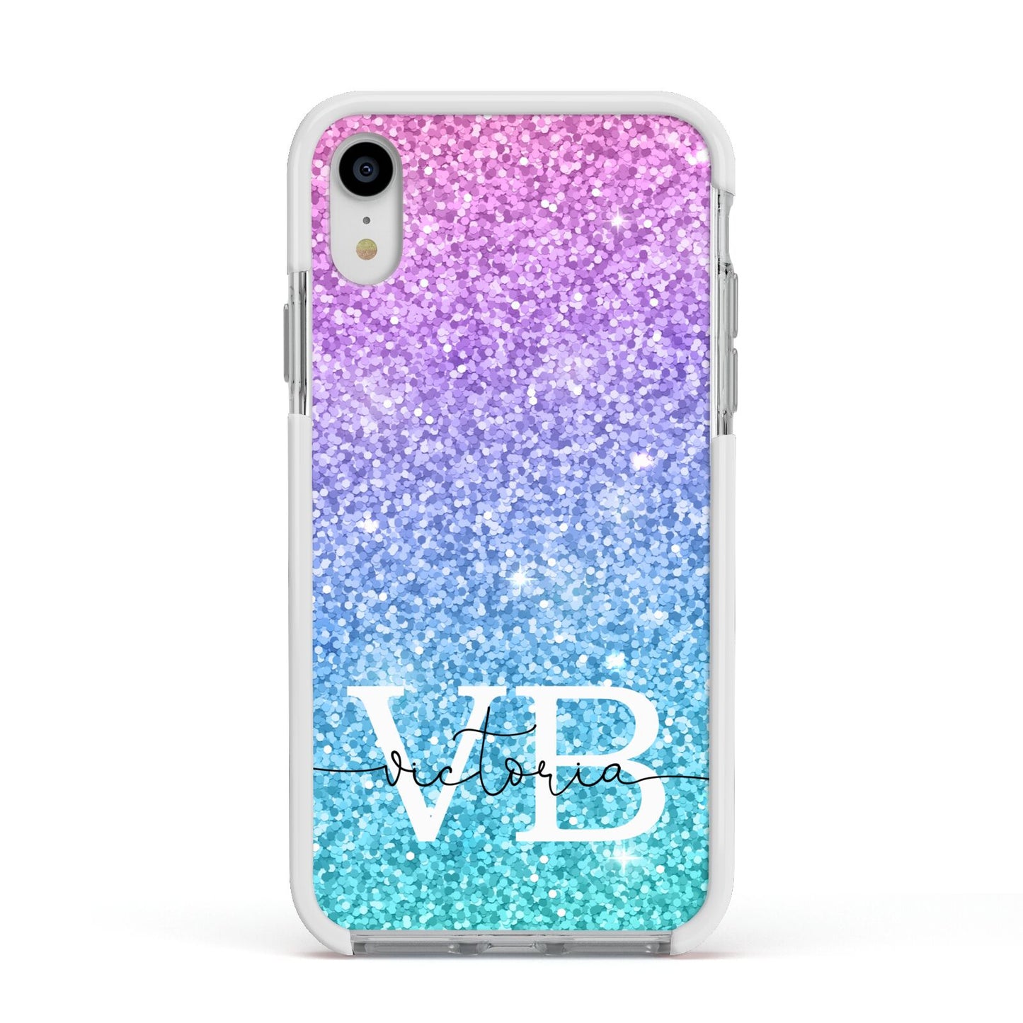 Monogrammed Multi Colour Glitter Name Apple iPhone XR Impact Case White Edge on Silver Phone