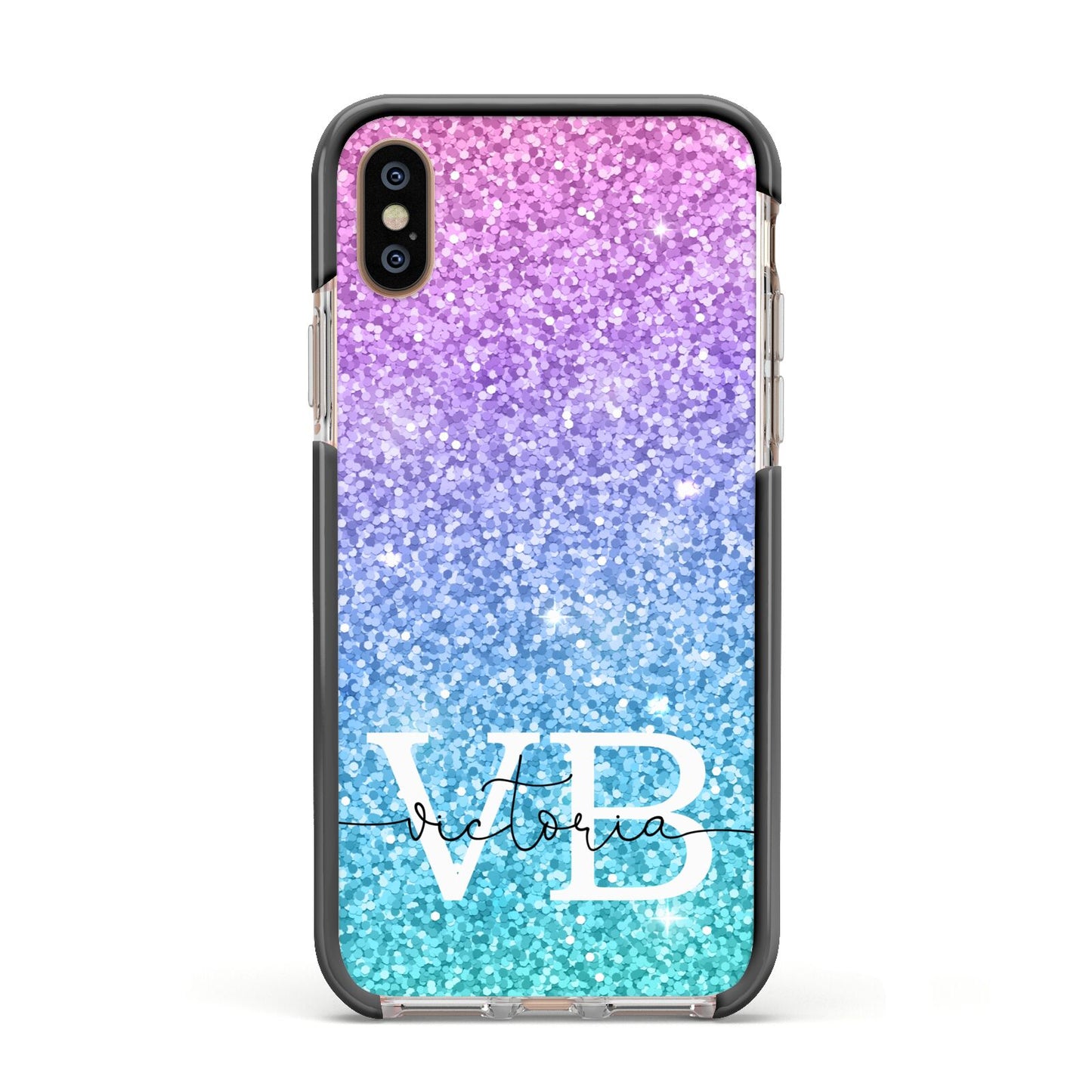 Monogrammed Multi Colour Glitter Name Apple iPhone Xs Impact Case Black Edge on Gold Phone