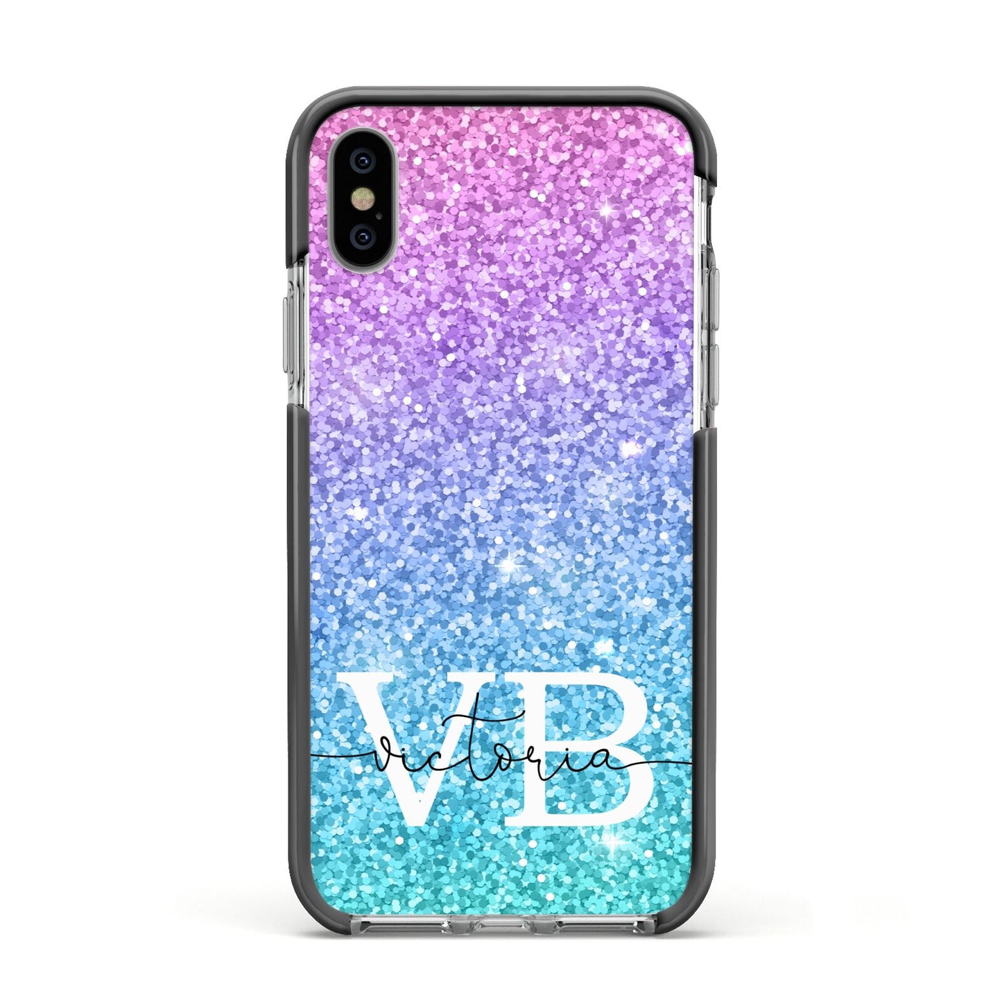 Monogrammed Multi Colour Glitter Name Apple iPhone Xs Impact Case Black Edge on Silver Phone