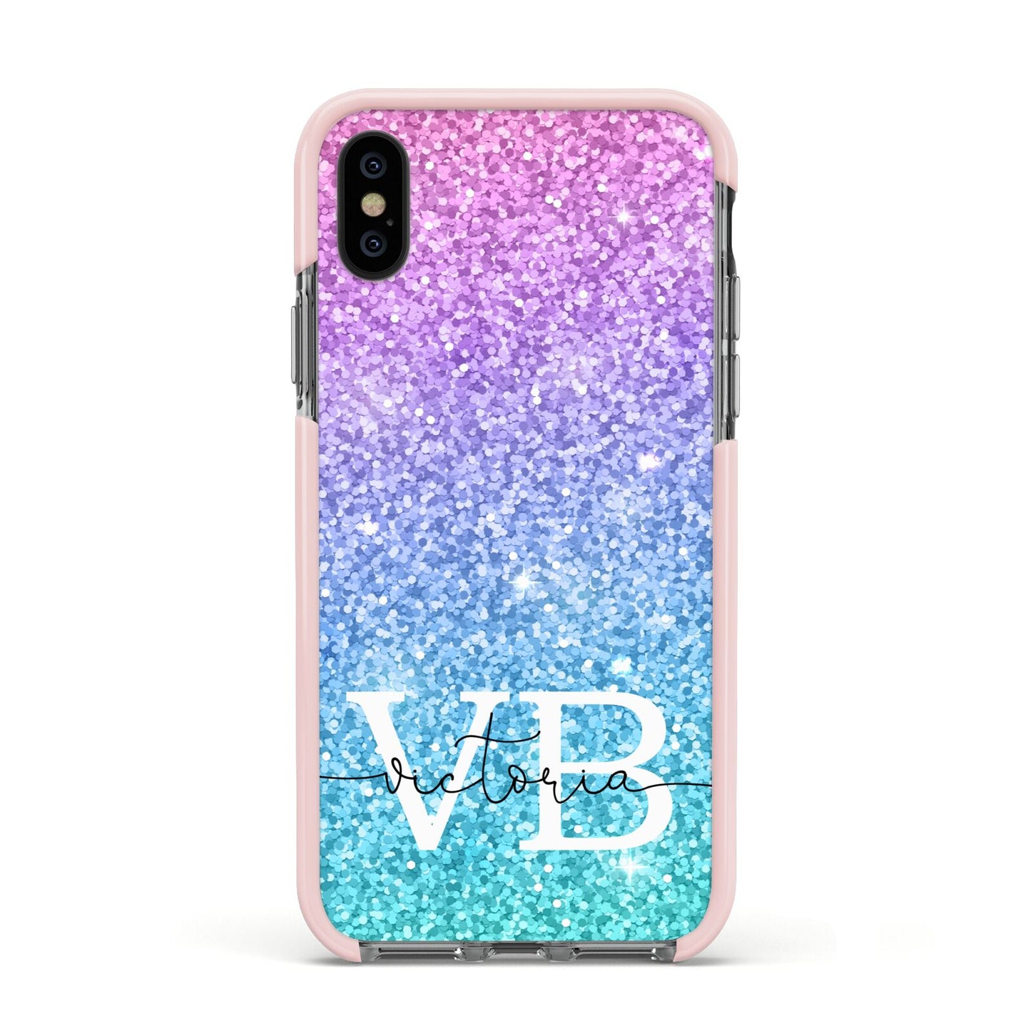 Monogrammed Multi Colour Glitter Name Apple iPhone Xs Impact Case Pink Edge on Black Phone