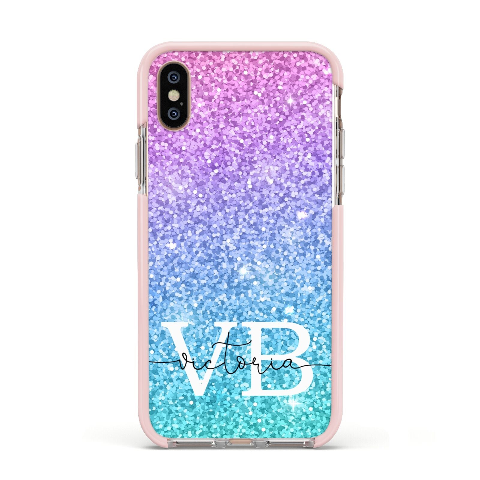 Monogrammed Multi Colour Glitter Name Apple iPhone Xs Impact Case Pink Edge on Gold Phone