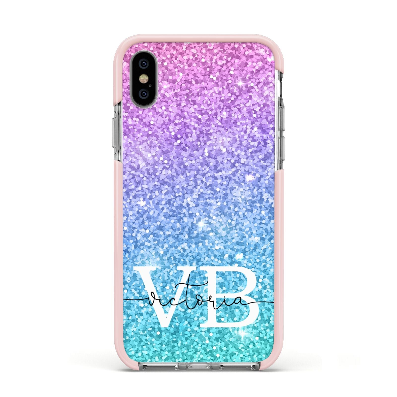 Monogrammed Multi Colour Glitter Name Apple iPhone Xs Impact Case Pink Edge on Silver Phone