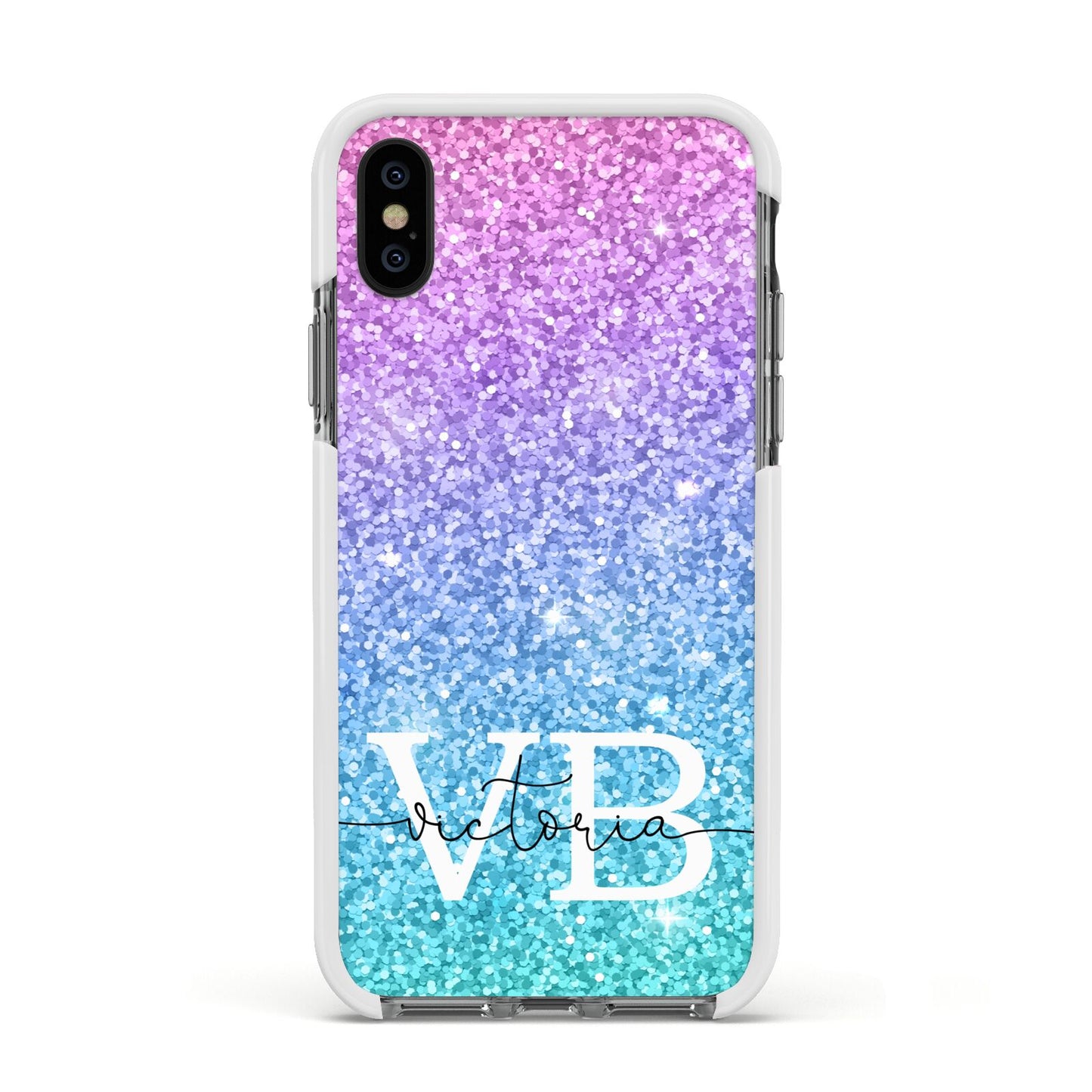 Monogrammed Multi Colour Glitter Name Apple iPhone Xs Impact Case White Edge on Black Phone