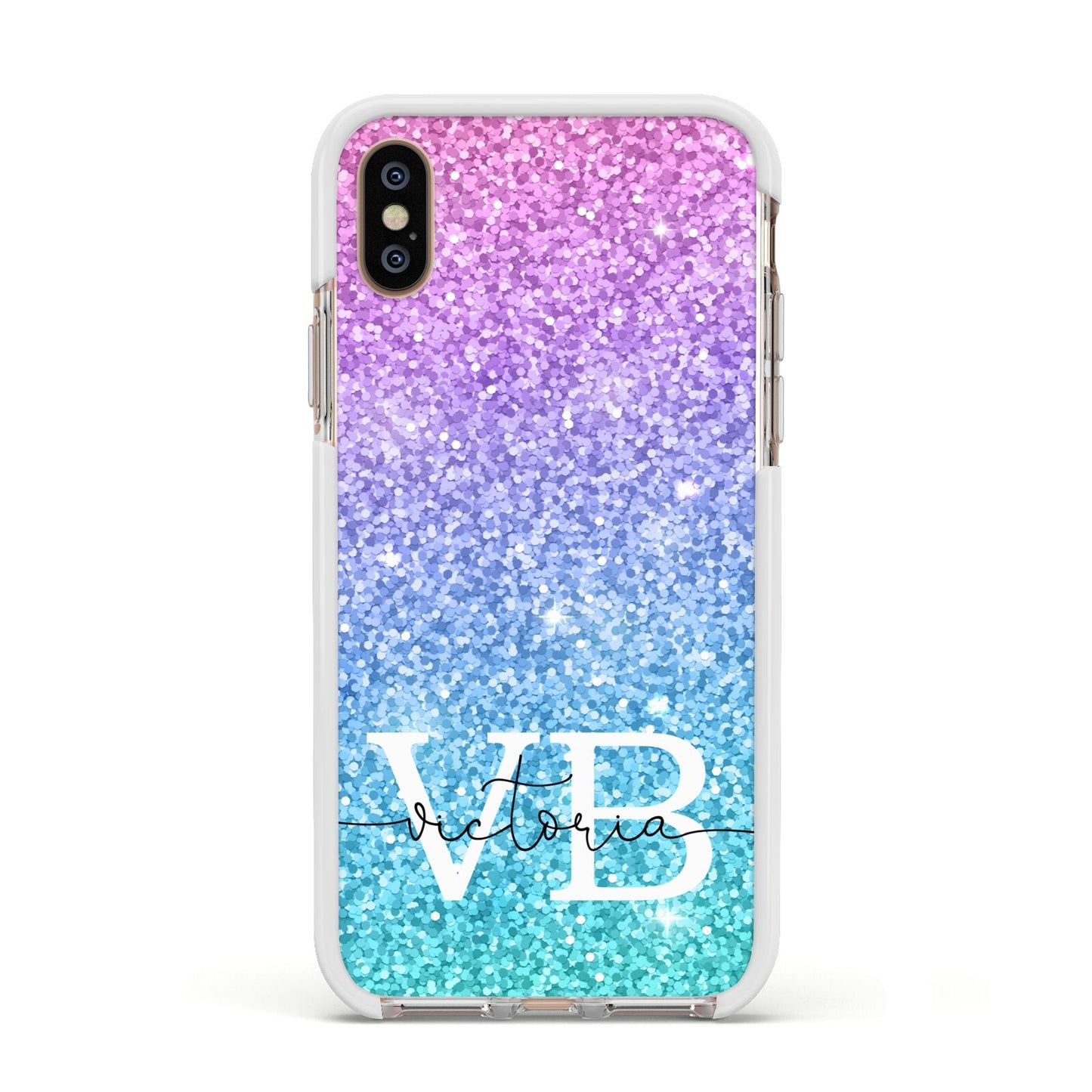 Monogrammed Multi Colour Glitter Name Apple iPhone Xs Impact Case White Edge on Gold Phone